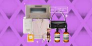 collage of a toaster, a robe, a purse, perfume, soap, and lotion
