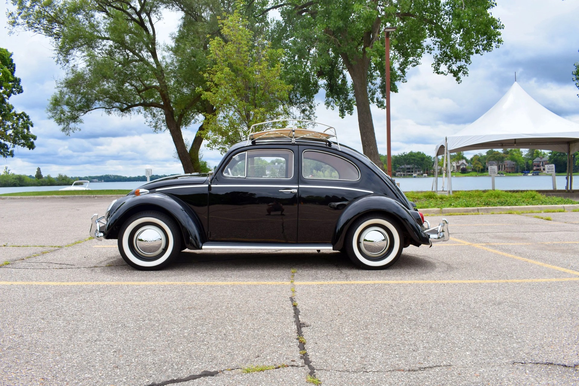 volkswagen beetle side profile in front of a lake