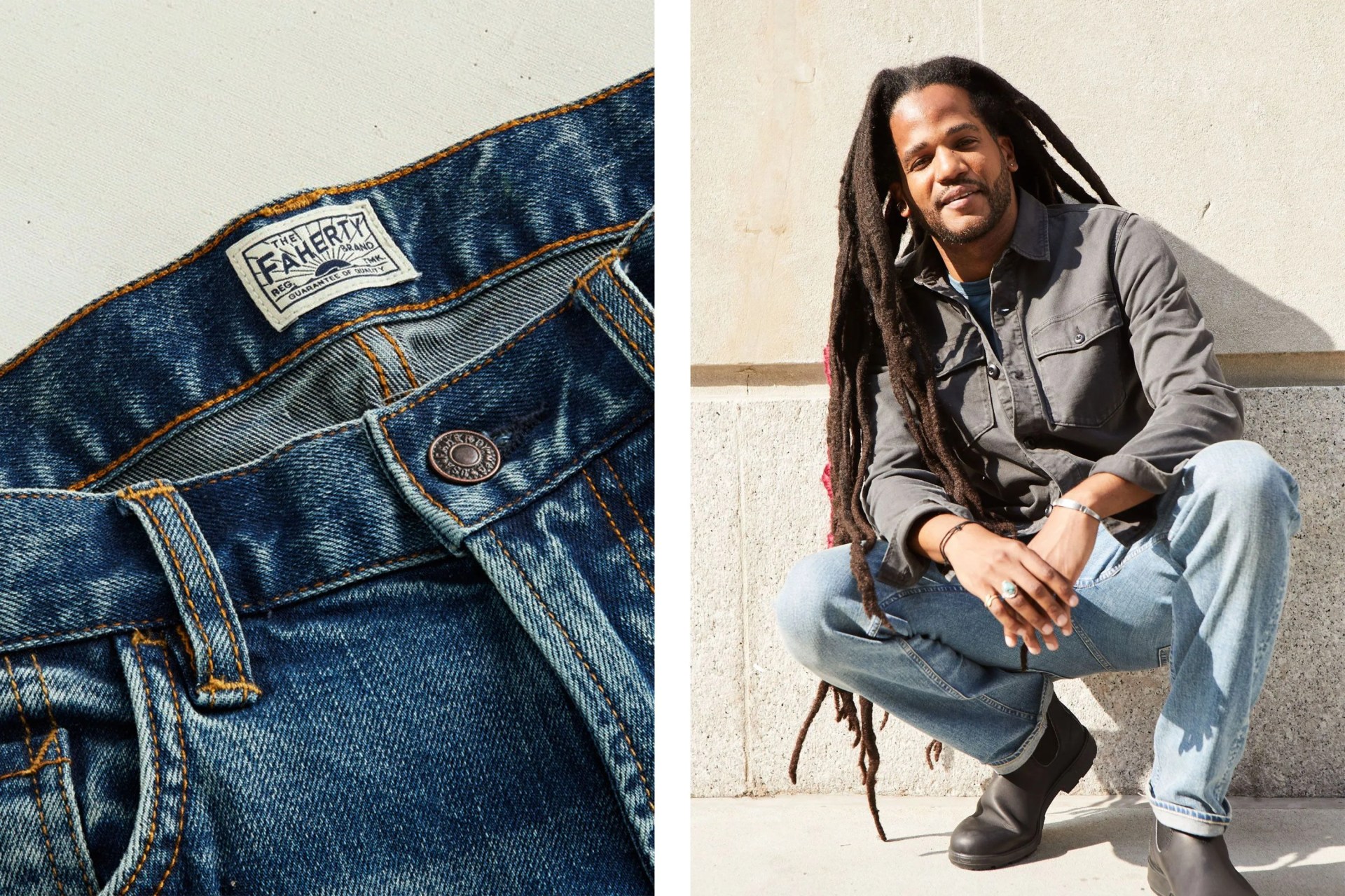 man wearing faherty jeans