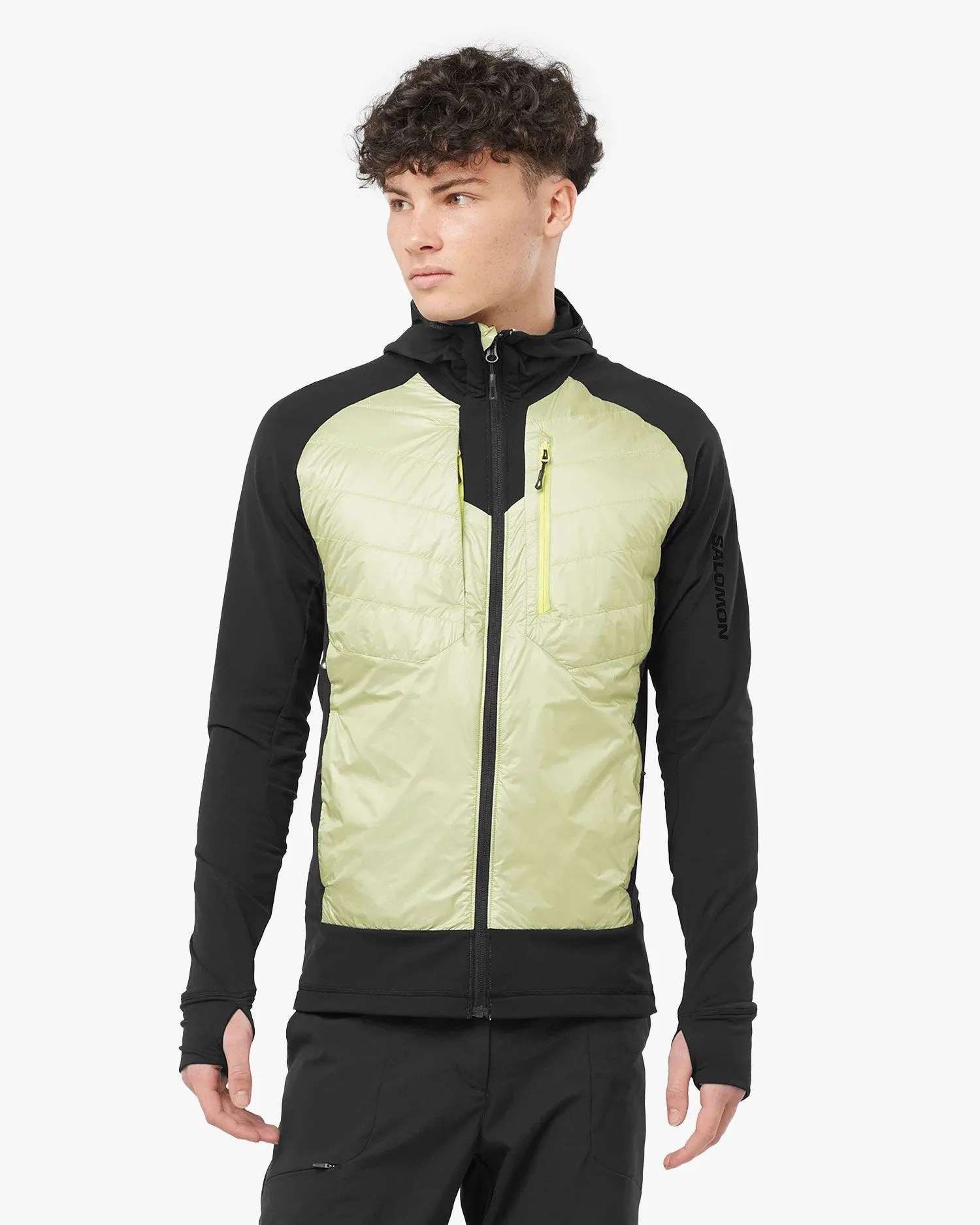 man wearing salomon elixir hybrid hooded insulated hooded jacket