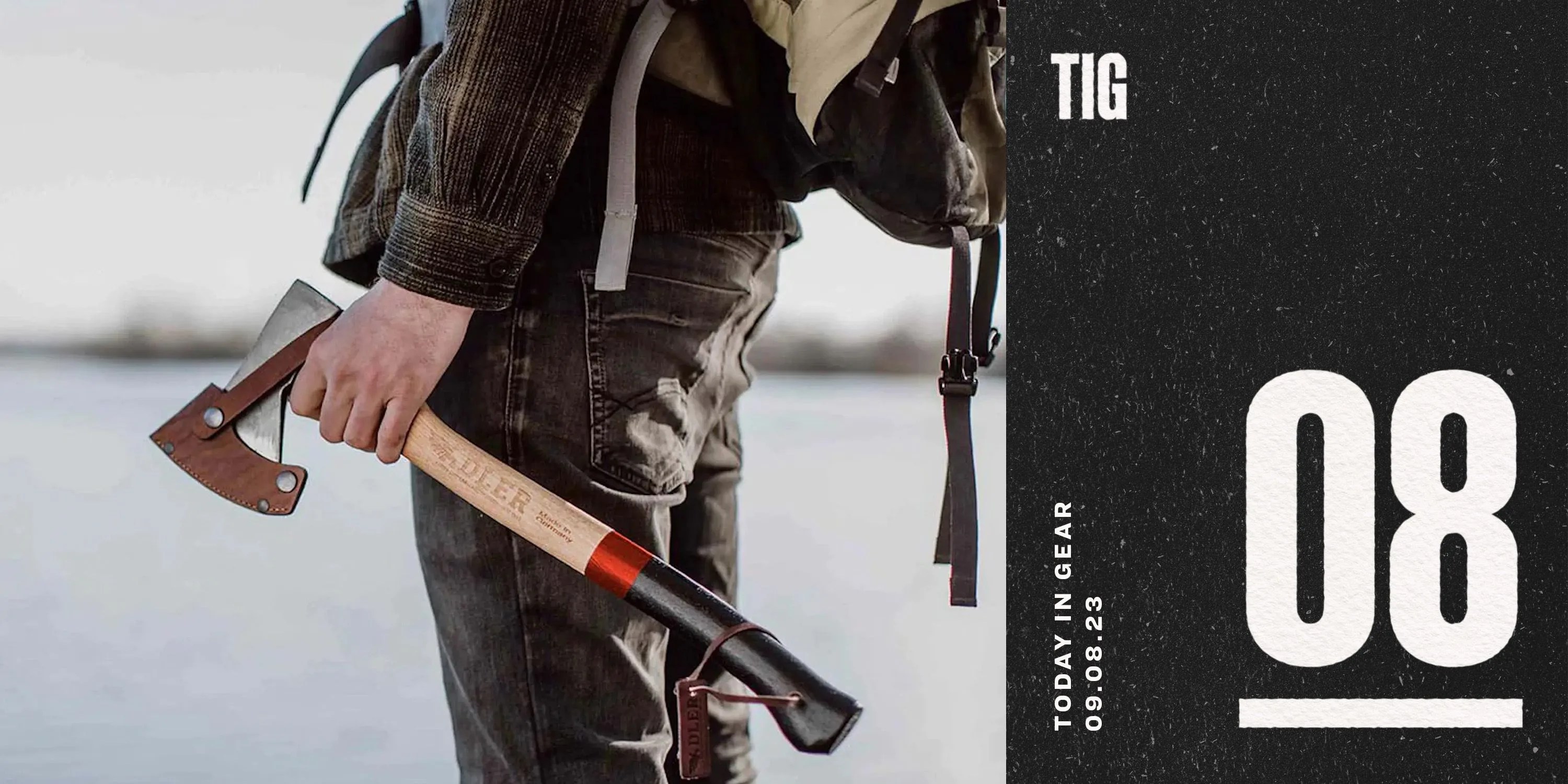 today in gear september 8 2023 man standing by body of water holding adler axes the rheinland hatchet