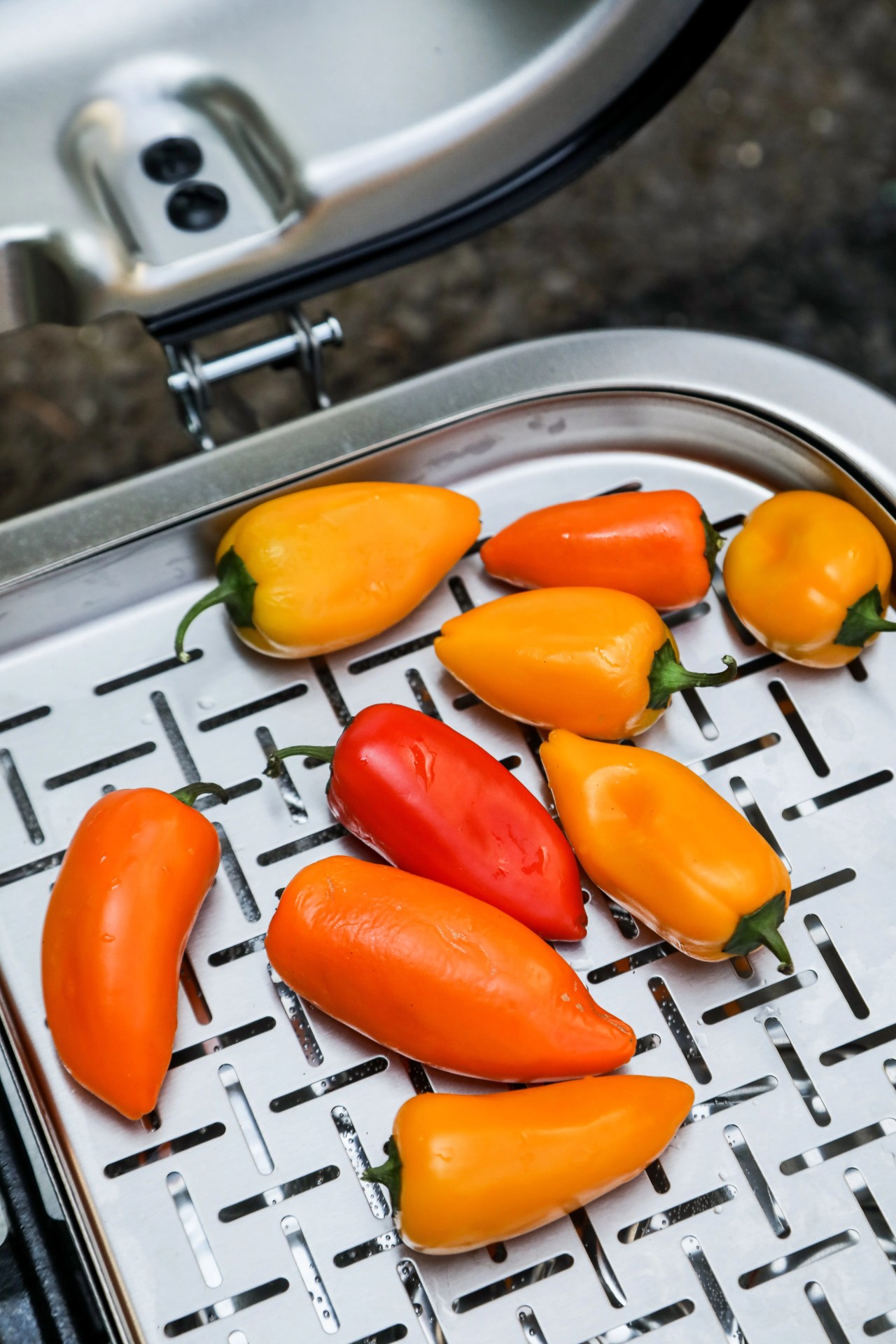 baby bell peppers on a grill
