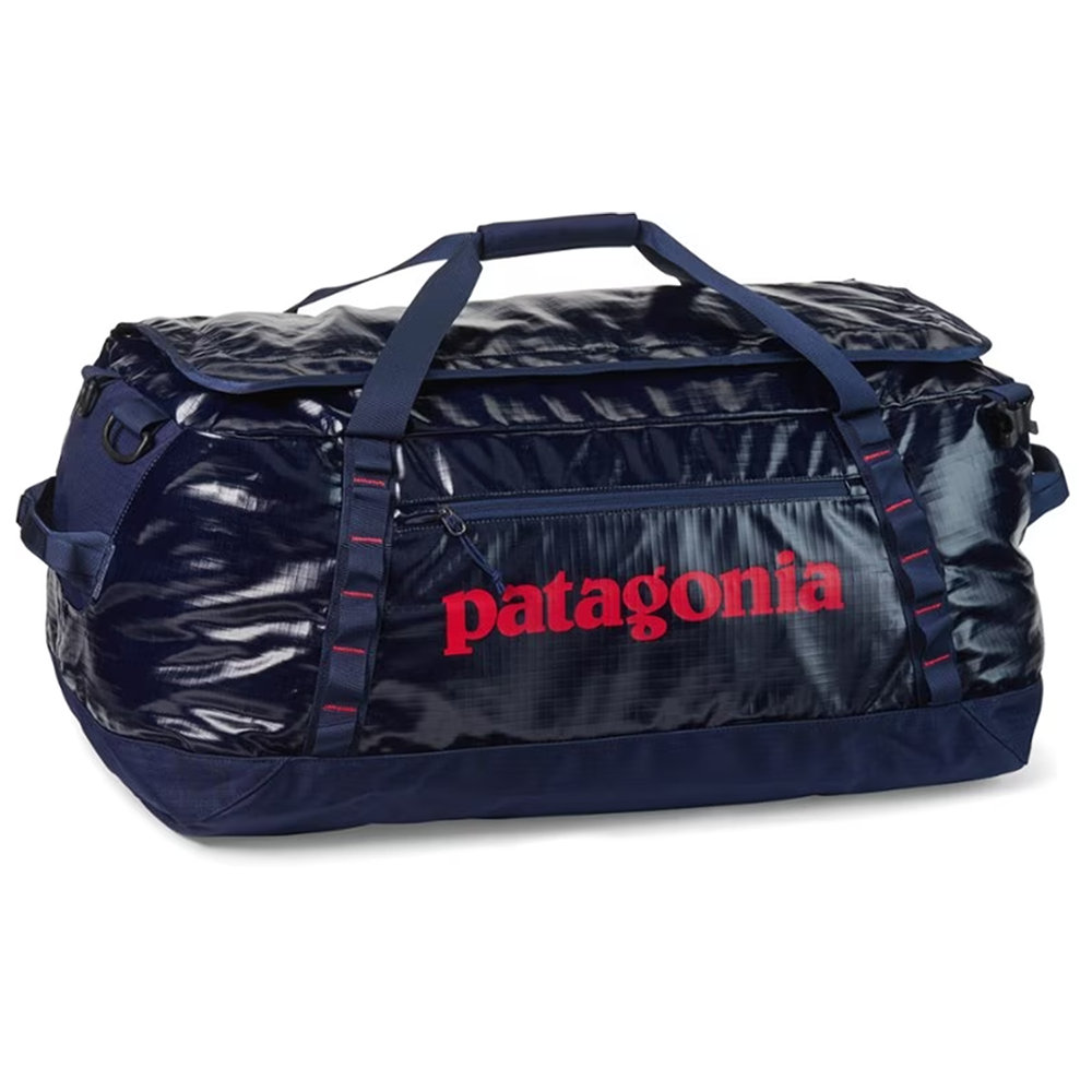 a black backpack with red text