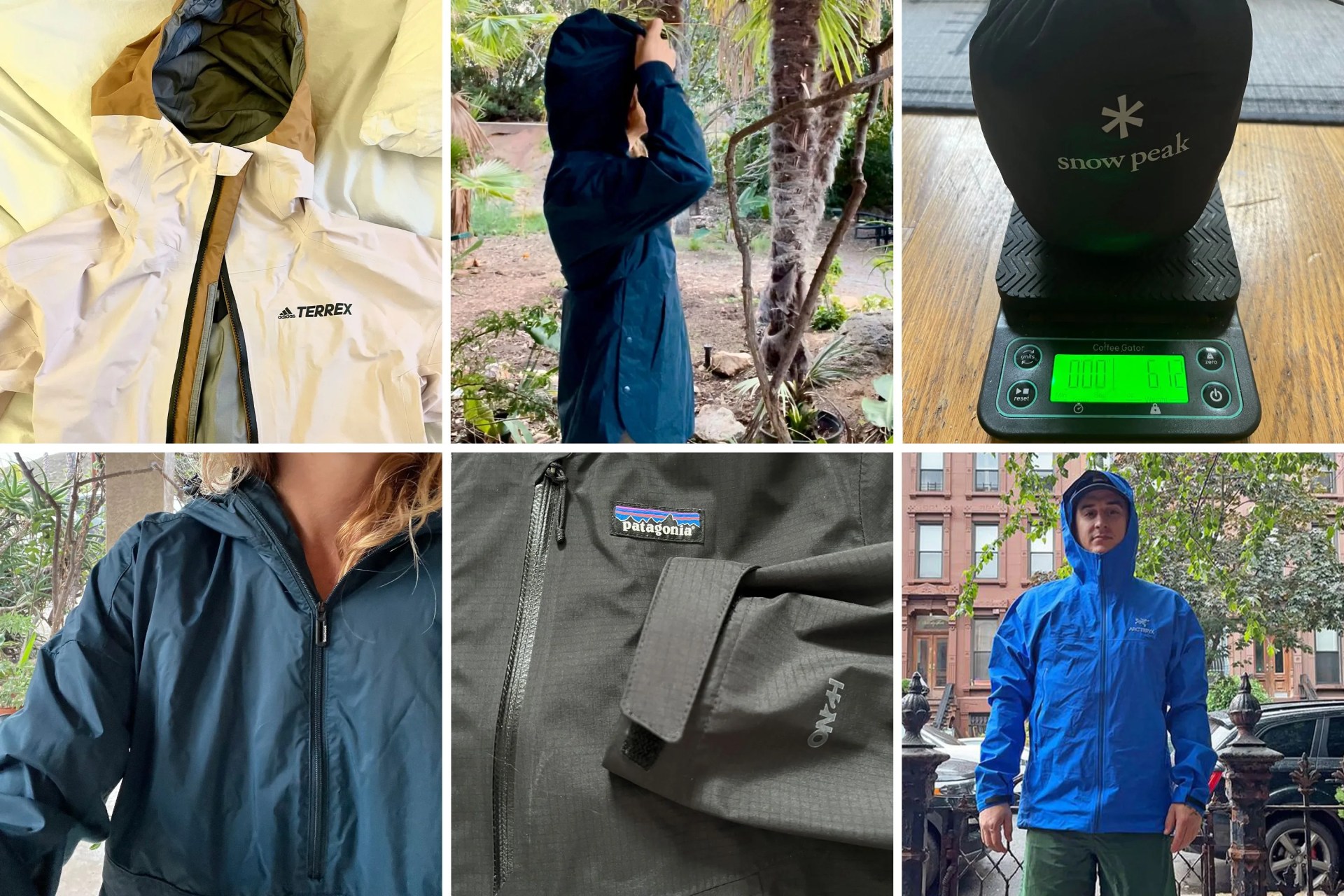 a collage of people wearing rain jackets