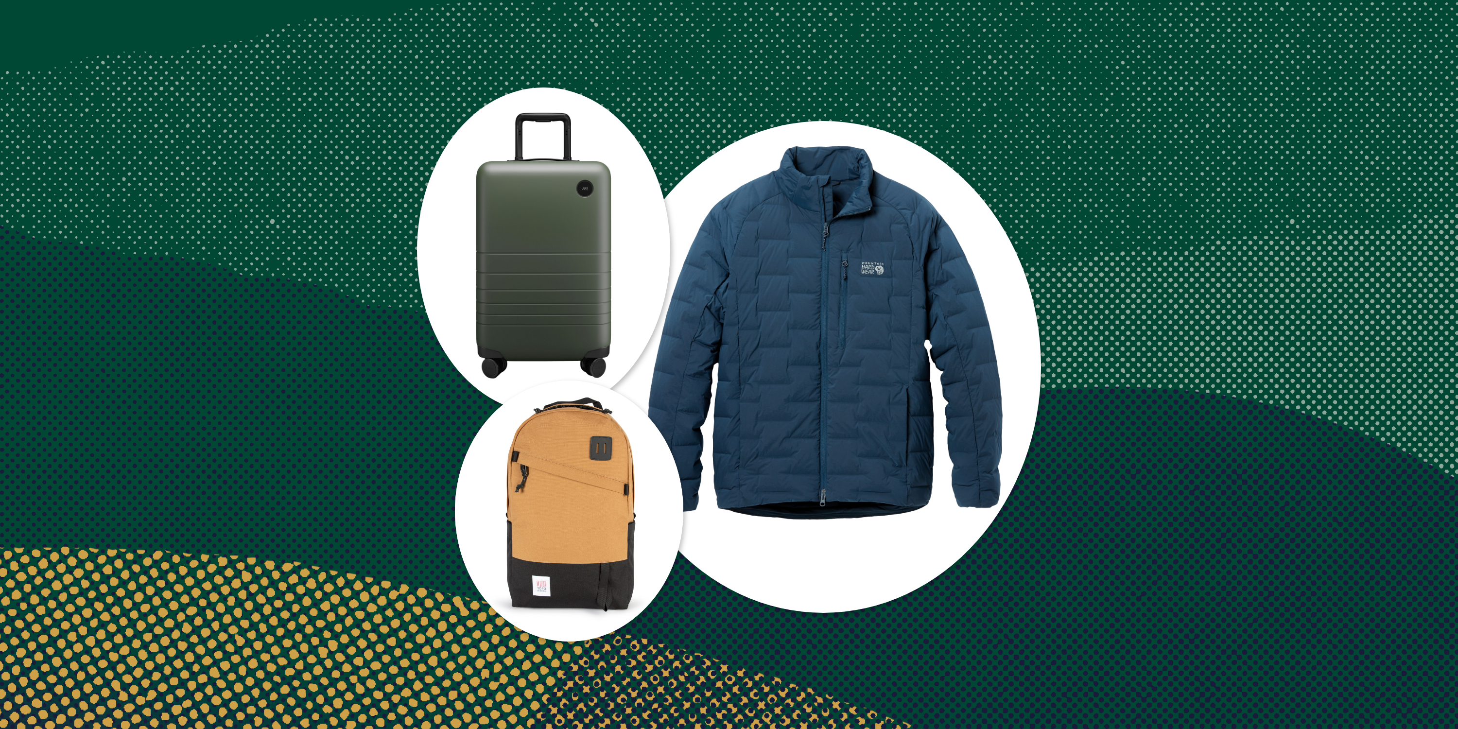 collage of a suitcase, a backpack, and a jacket