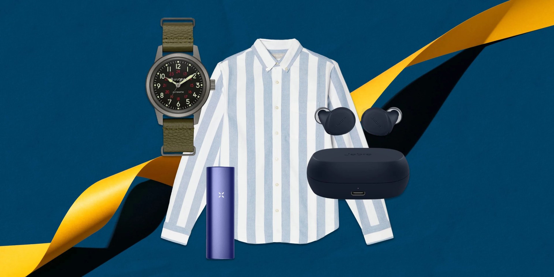 a collage of a watch, a vape, earbuds, and a shirt