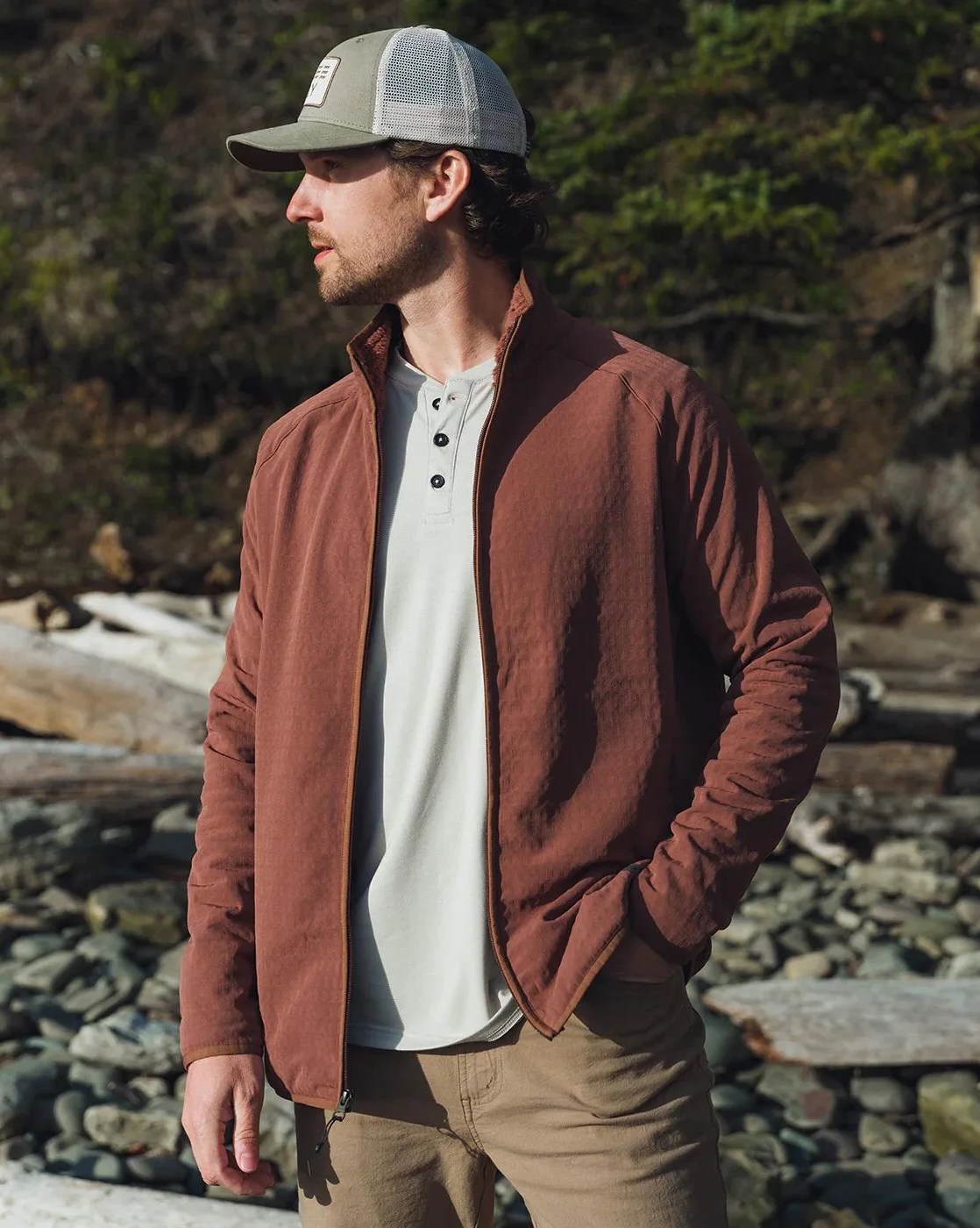 man wearing free fly apparel men's gridback fleece jacket