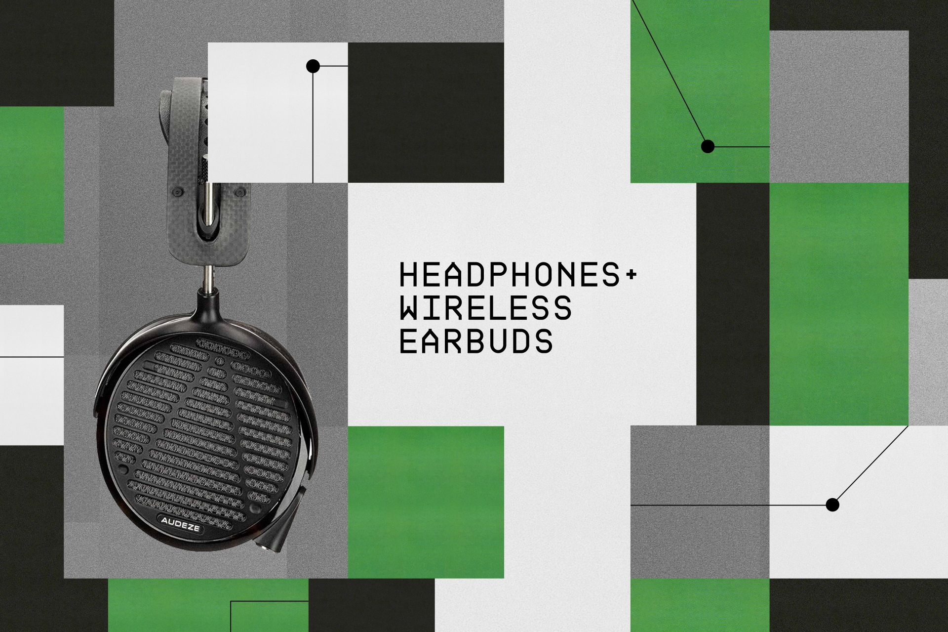 headphones wireless earbuds headline with colored squares and a pair of headphones