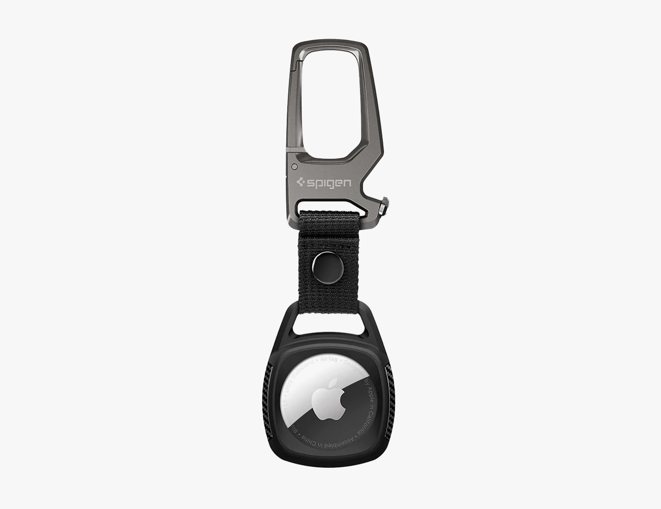 a black airtag with a silver spigen carabiner case on a white background