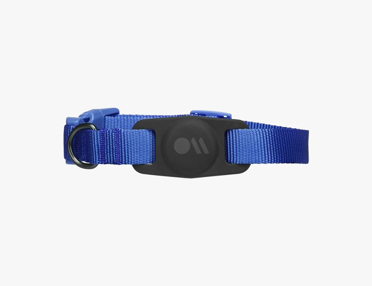 a blue dog collar with black holder for airtag