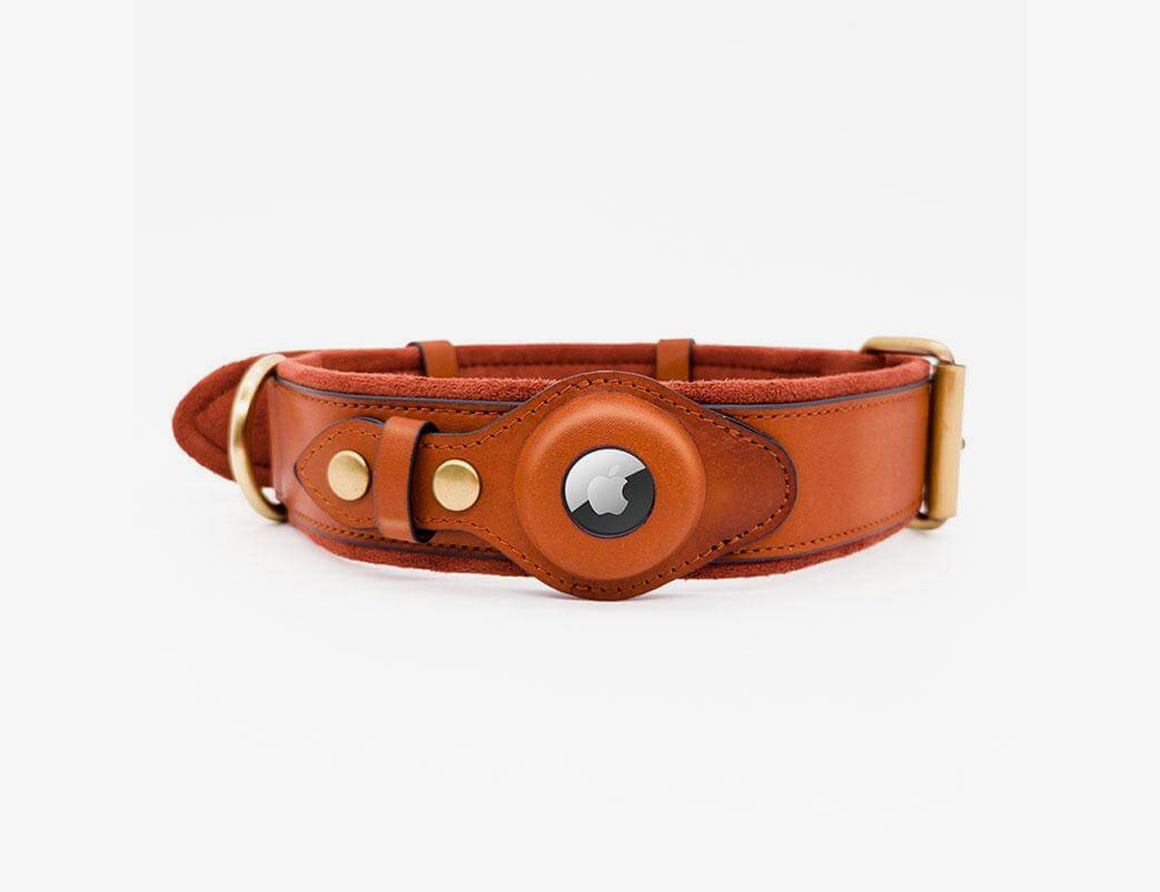a brown leather dog collar with gold accents