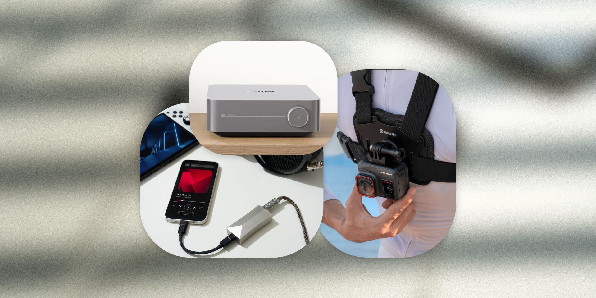 collage of a silver amp on a table, a usb dac connected to a phone, and a person wearing a camera