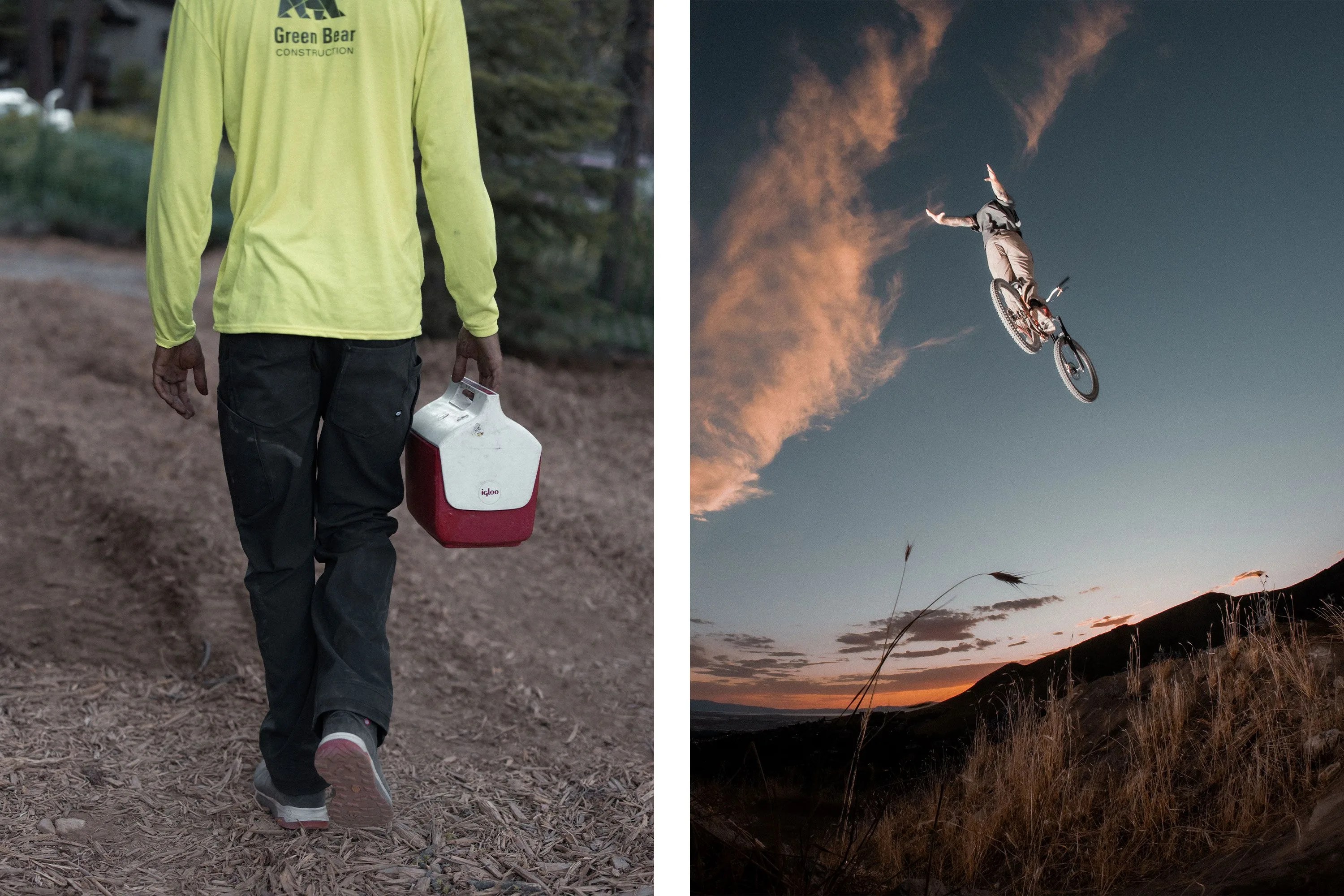 a man biking with arms in the air wearing 686 work pants