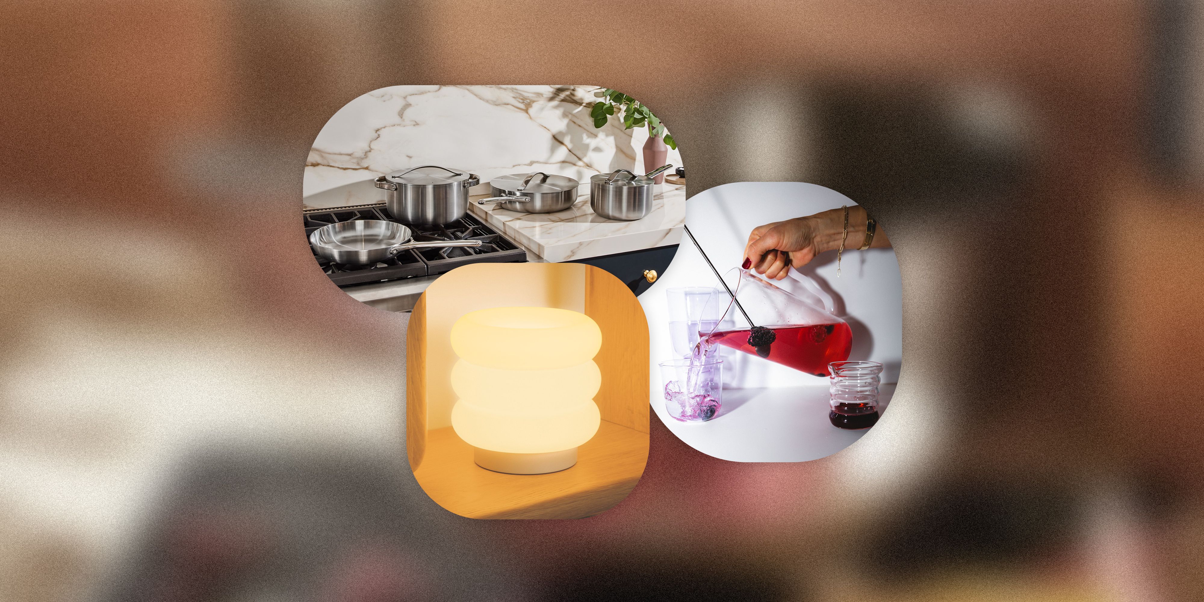 collage of pots on a stove, a lamp on a shelf, and a person pouring a pitcher