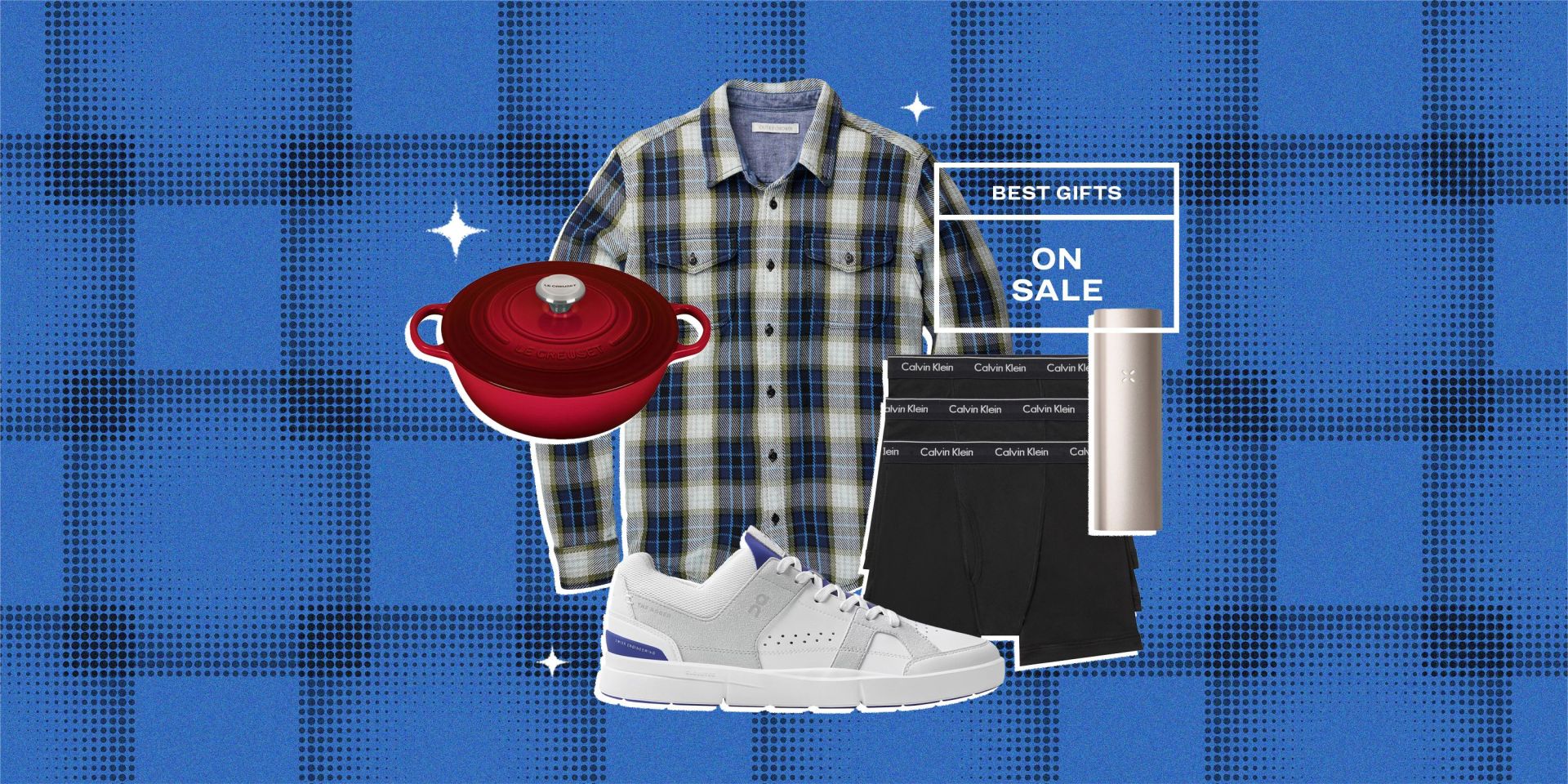 collage of a dutch oven, a flannel, boxer briefs, a shoe, and a vape pen