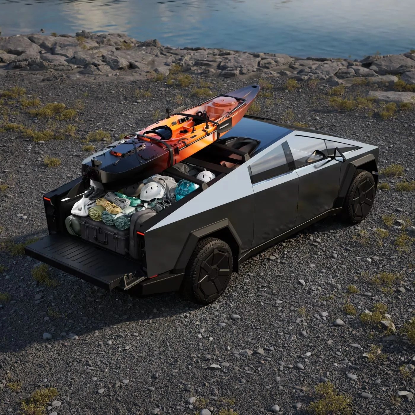 a truck on a rocky beach