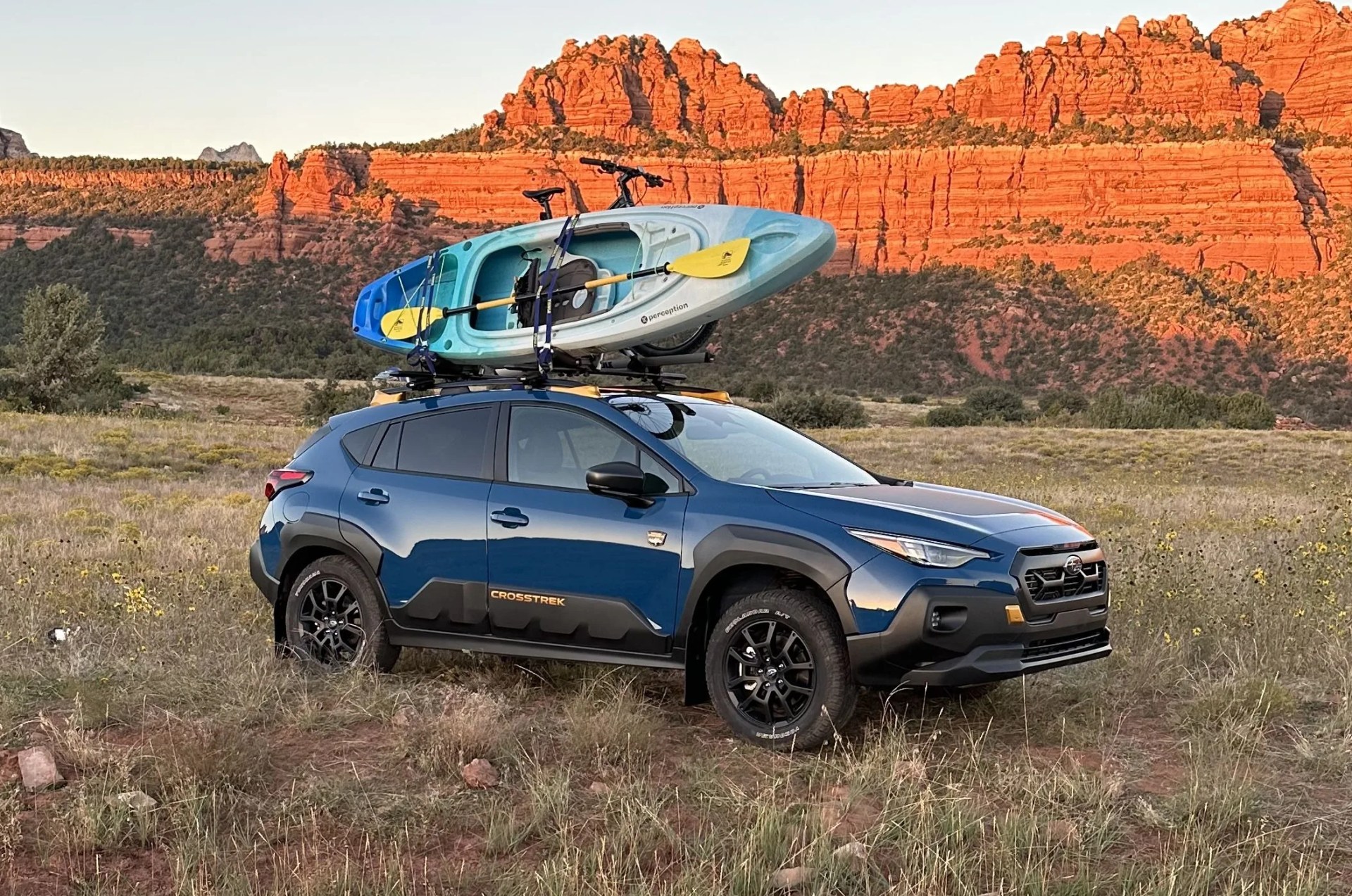 a car with a boat on top of it in a field with mountains in the background