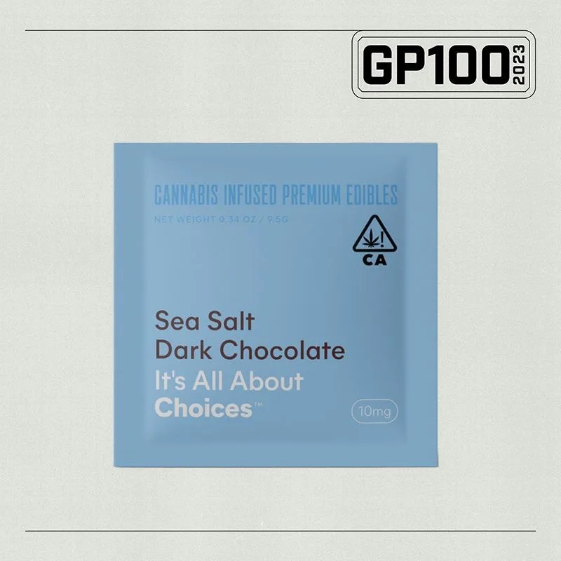 a container of sea salt and dark chocolate edibles
