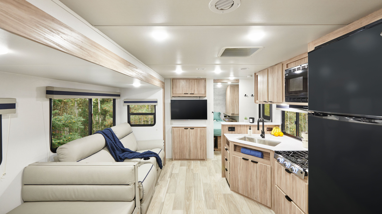 a kitchen and living room