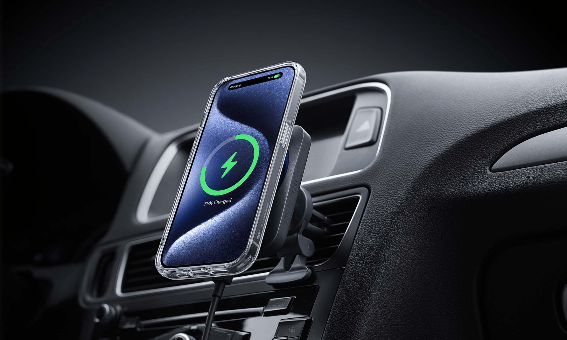 a cell phone on a car dashboard