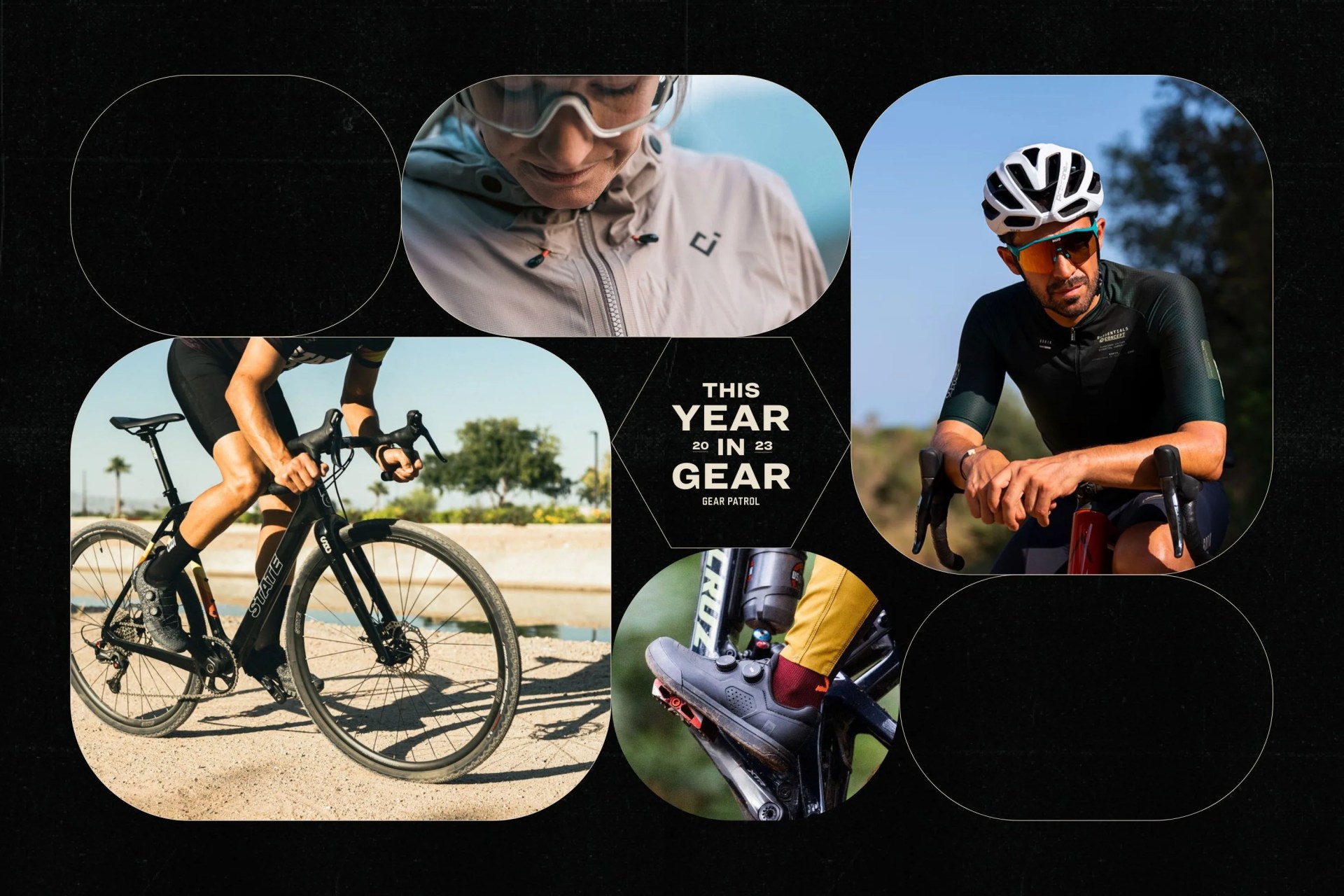 a group of bikers on a black background with geometric shapes and a headline that says this year in gear 2023 gear patrol