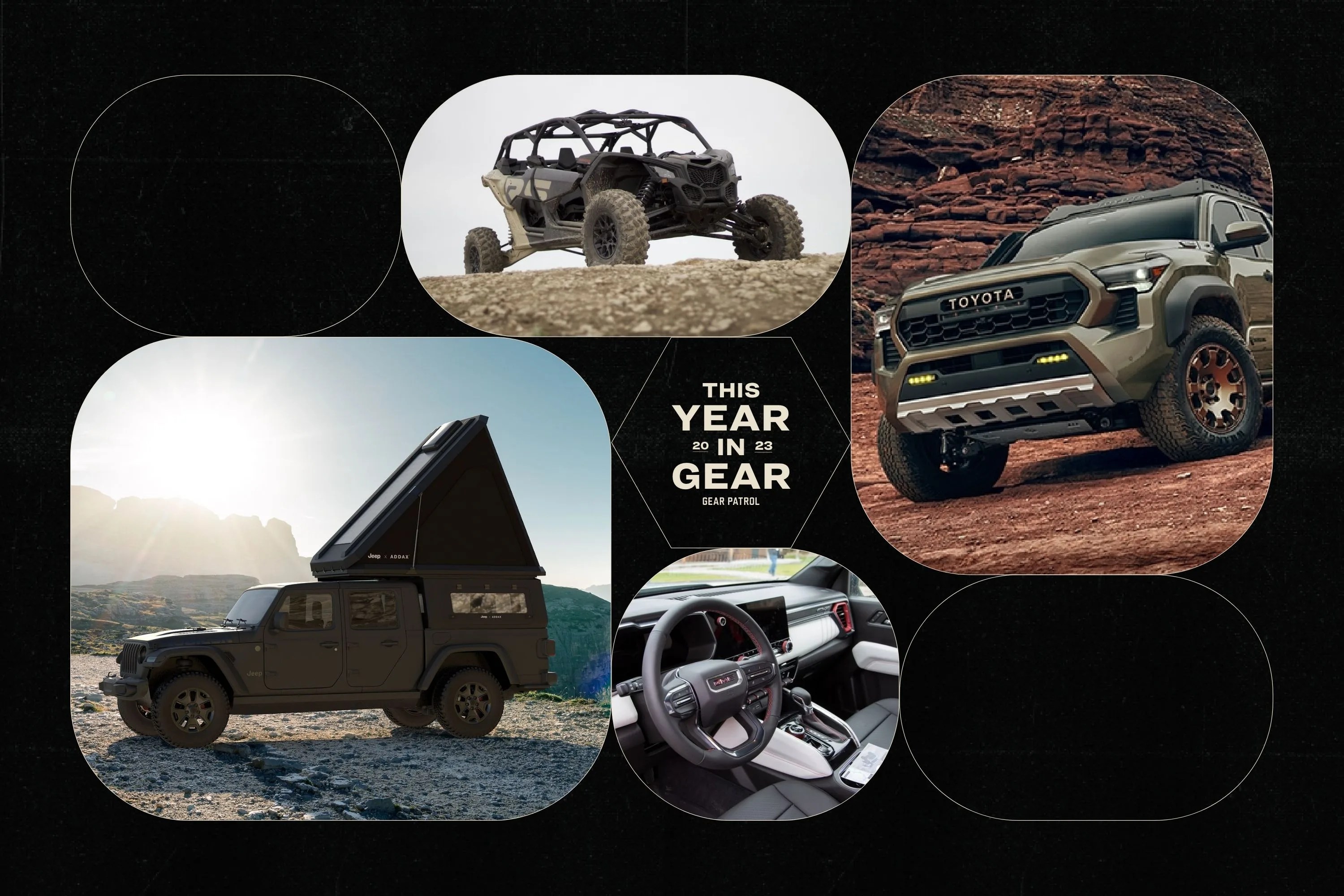a group of cars on a black background with geometric shapes and a headline that says this year in gear 2023 gear patrol
