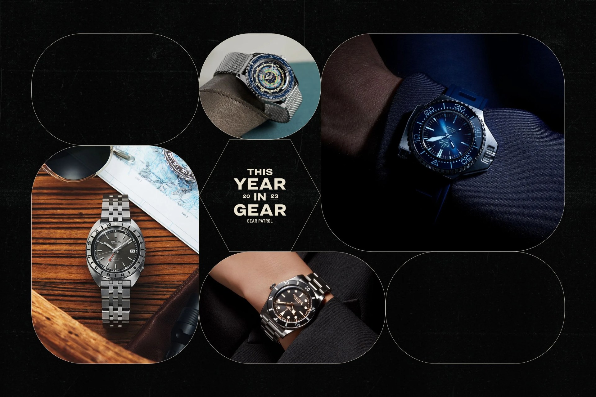 a variety of watches on a black background with geometric shapes and a headline that says this year in gear 2023 gear patrol