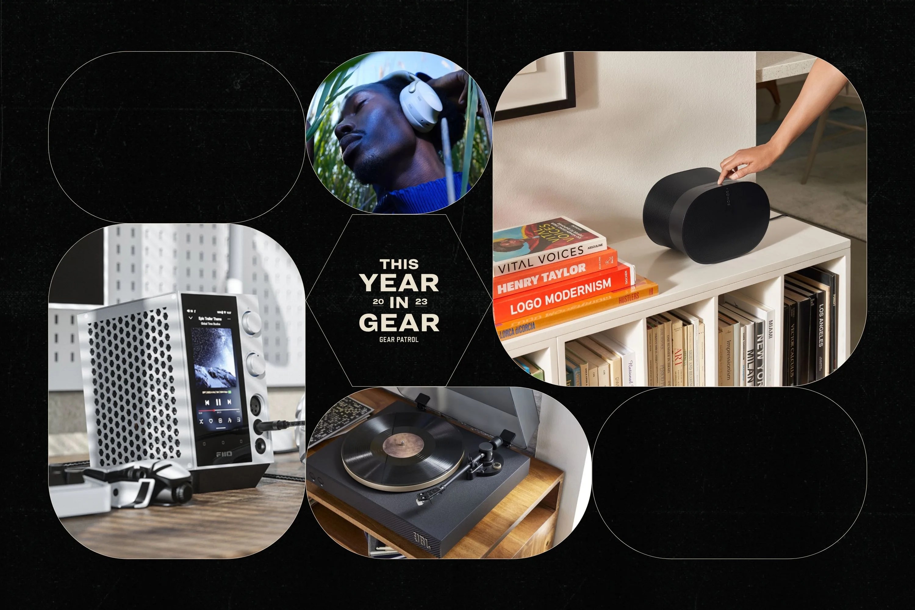 a group of tech products on a black background with geometric shapes and a headline that says this year in gear 2023 gear patrol