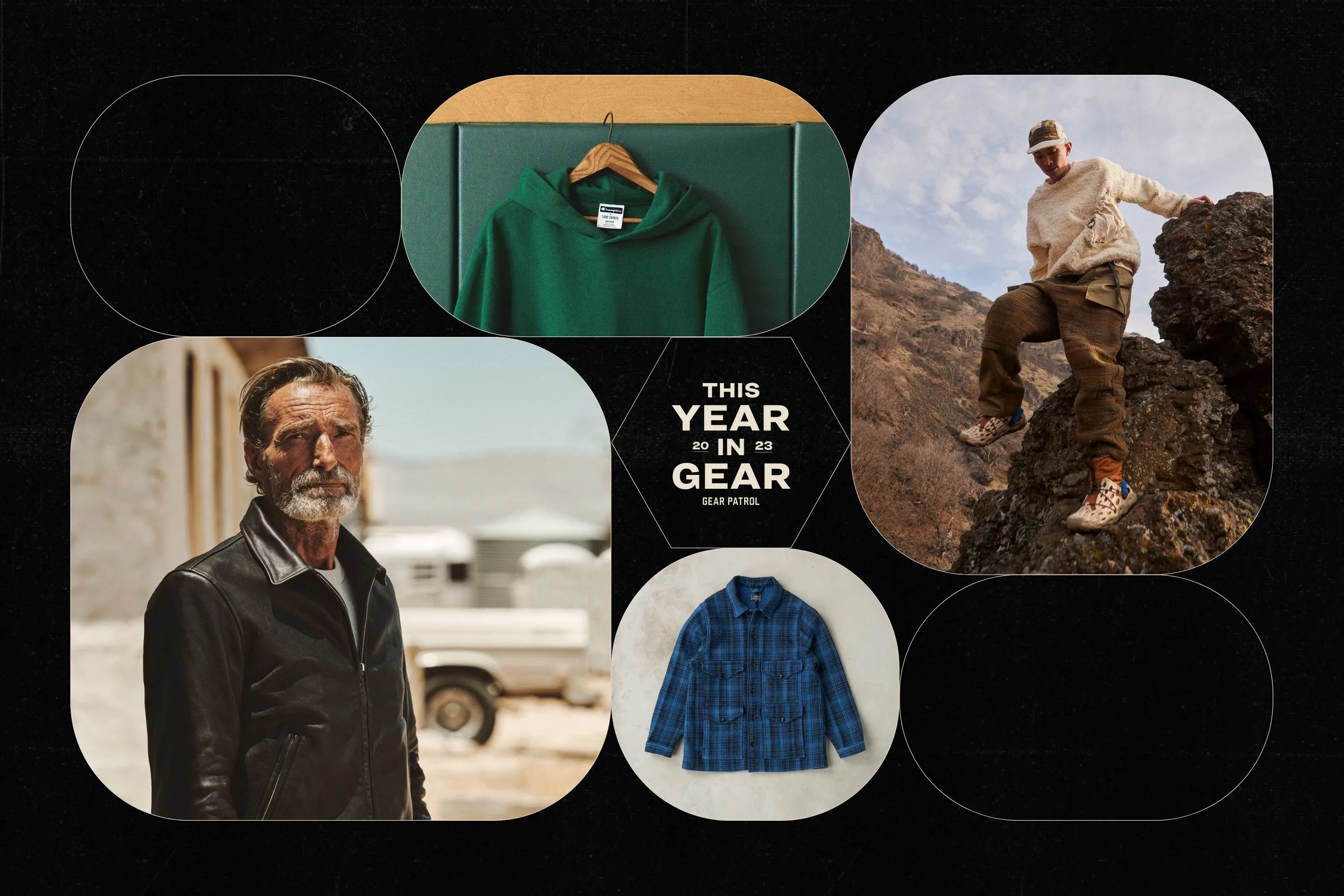 a group of apparel products on a black background with geometric shapes and a headline that says this year in gear 2023 gear patrol
