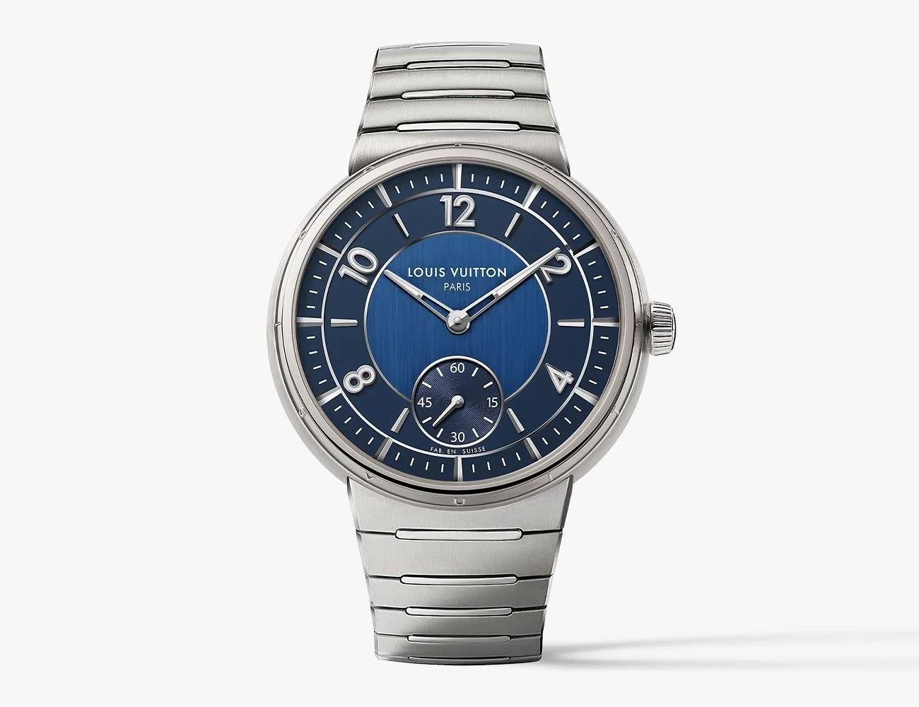 a silver watch with a blue face