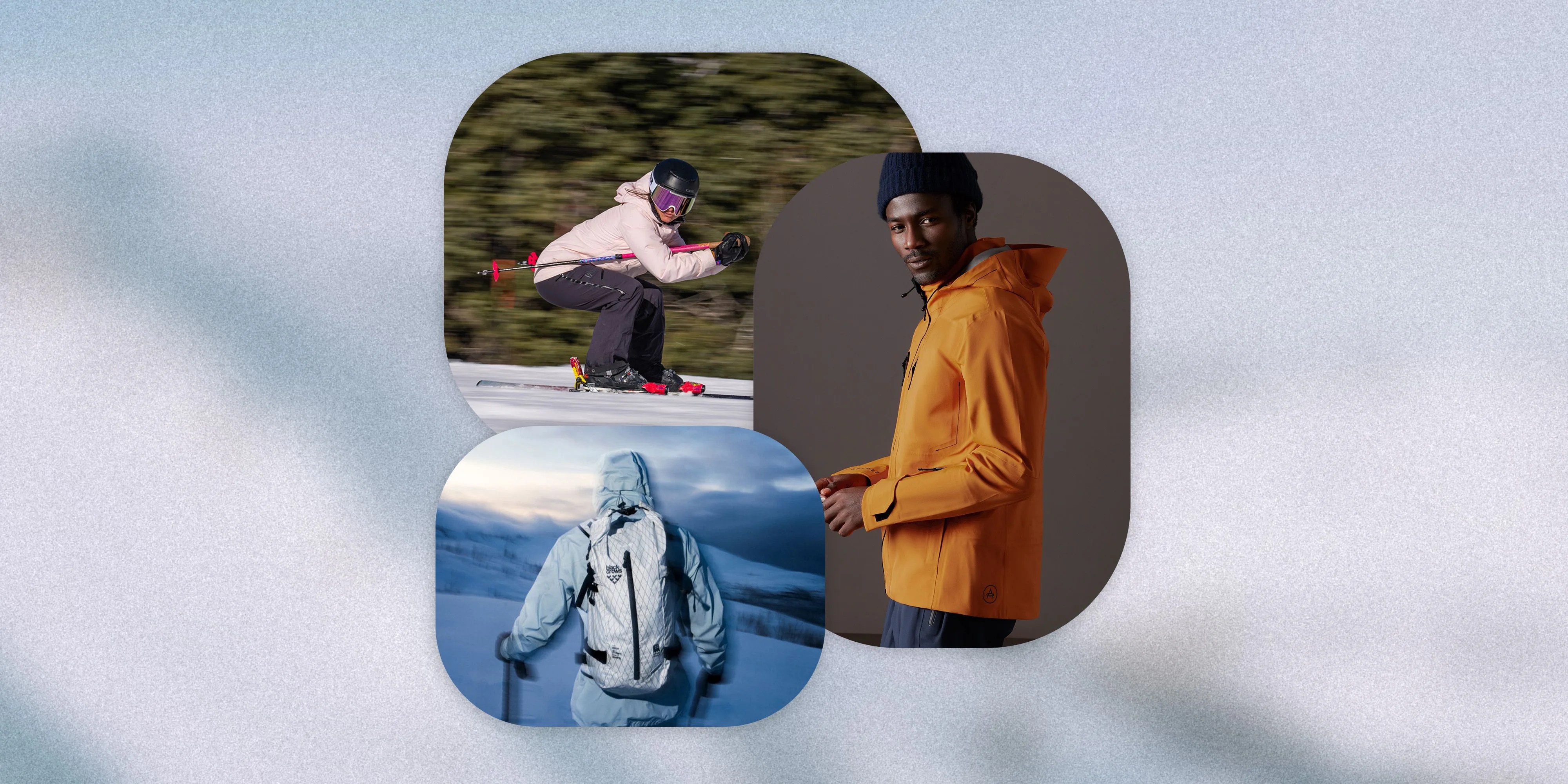 collage of people skiing and a man wearing an orange jacket looking at the camera