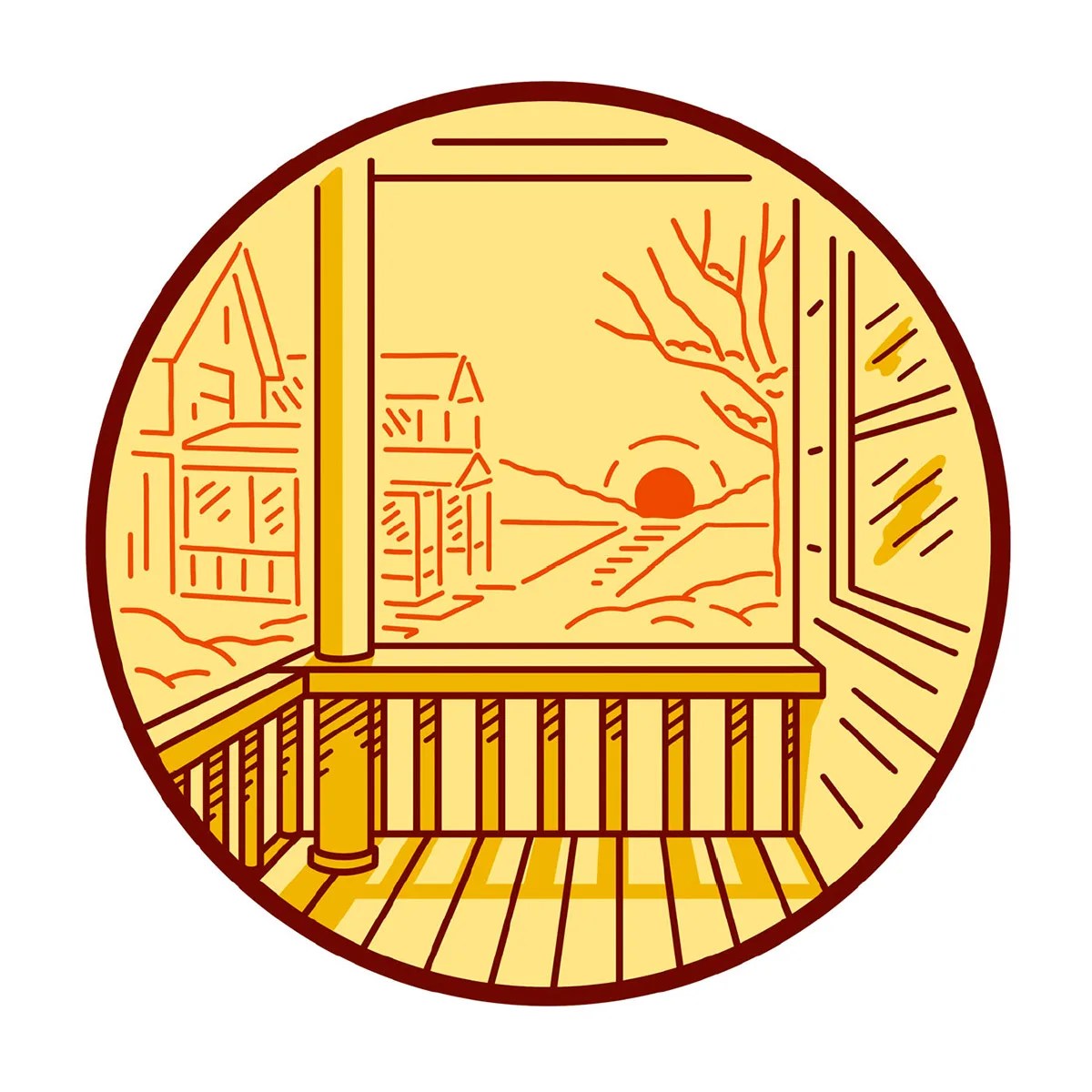 sunset peeking over hill beaming at houses and porch