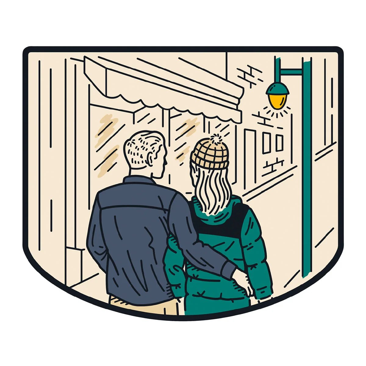 a man with his arm around a woman walking through city street