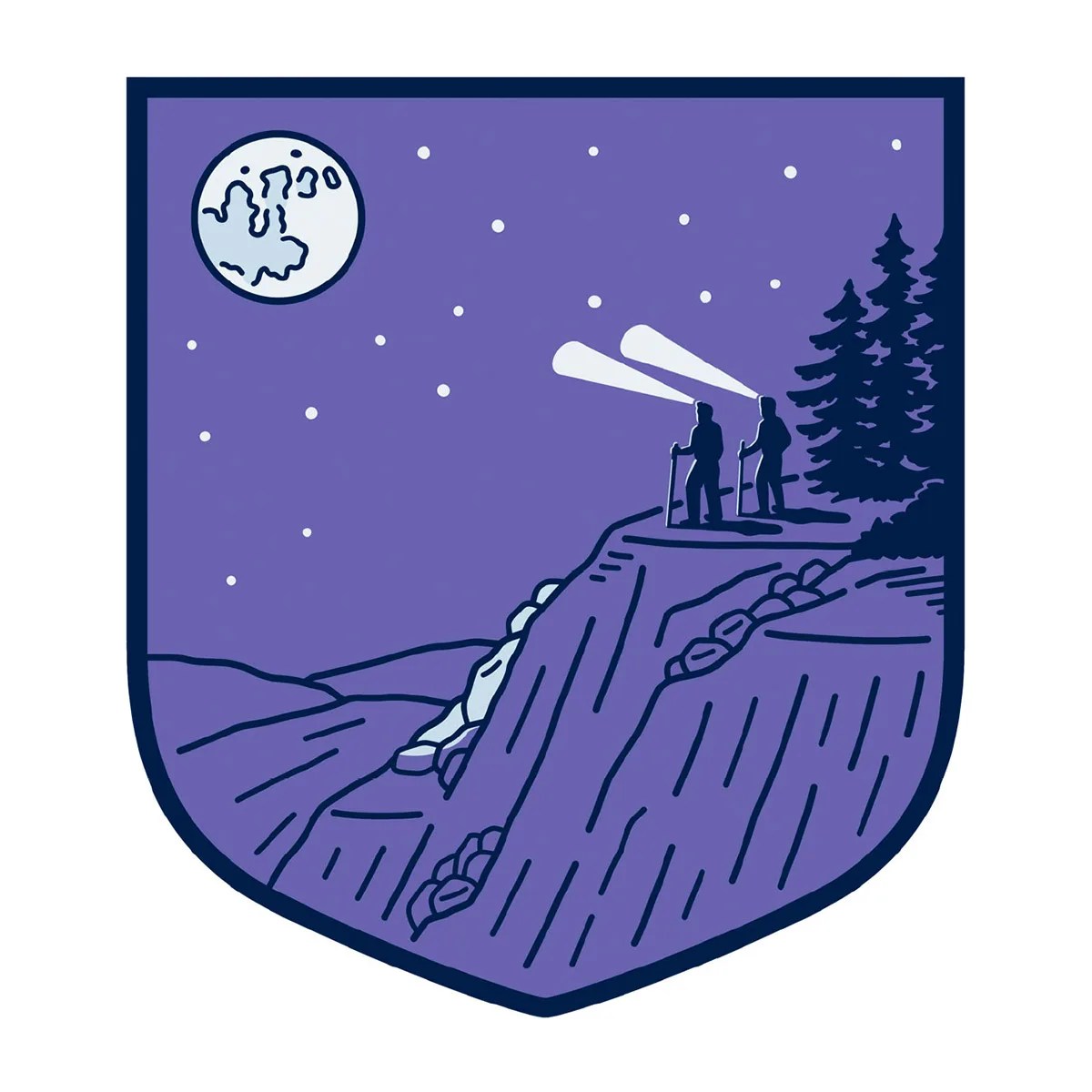 two hikers looking over cliff at a full moon