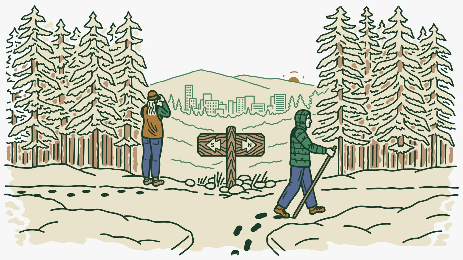 a woman looking out towards the city with binoculars while a man walks by in the snow