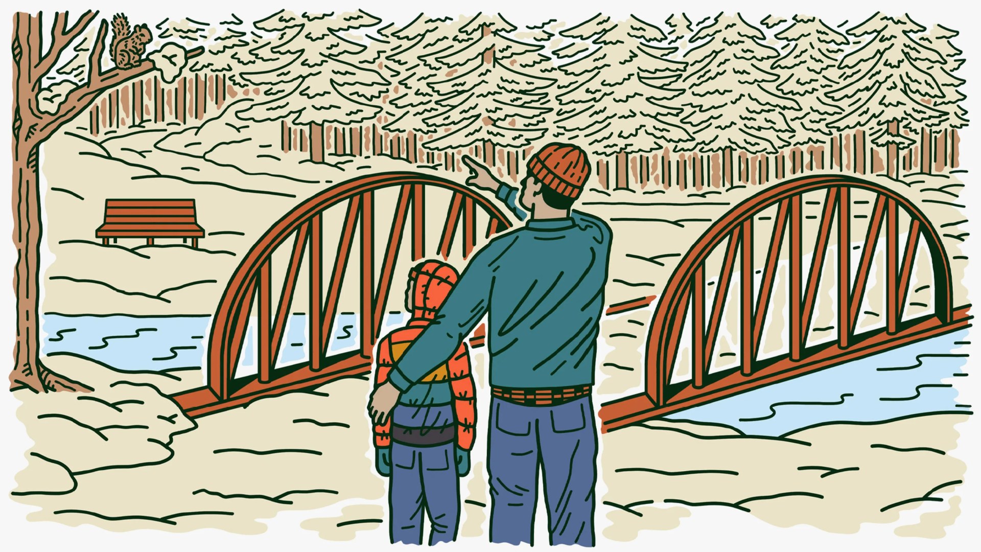a man pointing at a squirrel in a tree to show a child while standing by a bridge in snowy weather