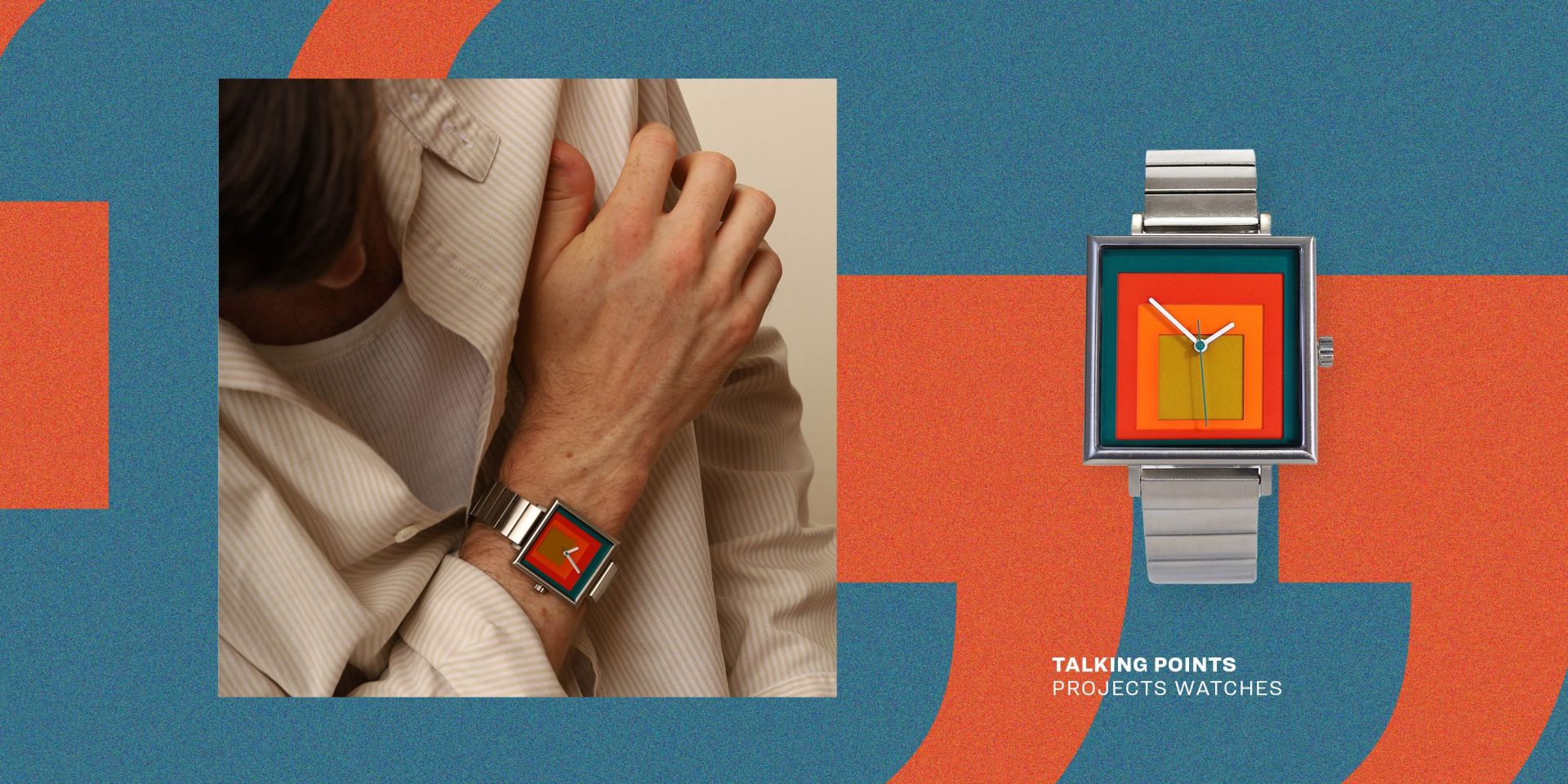 a person wearing a watch next to a product image of a watch