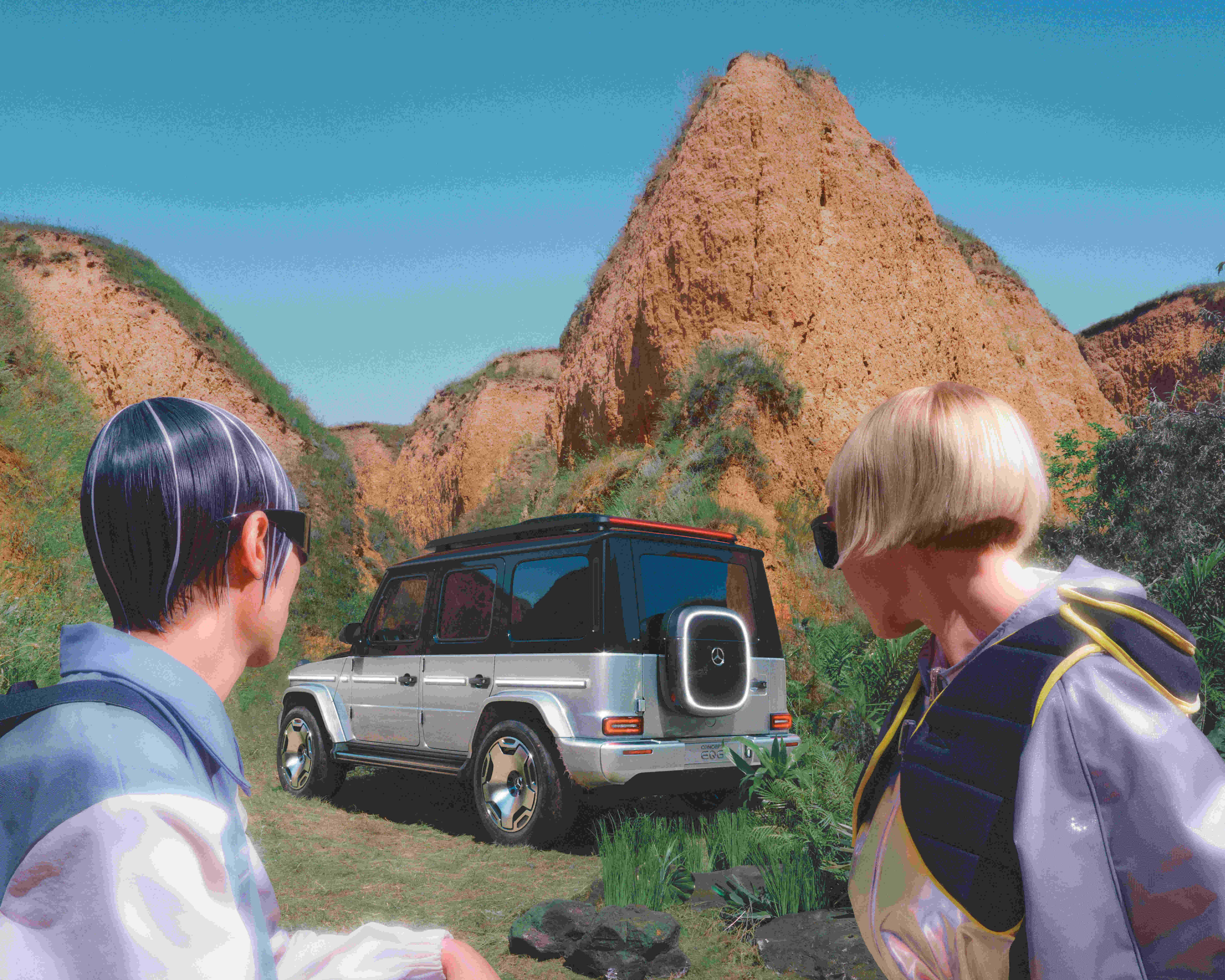 people of the future staring at a mercedes electric suv concept