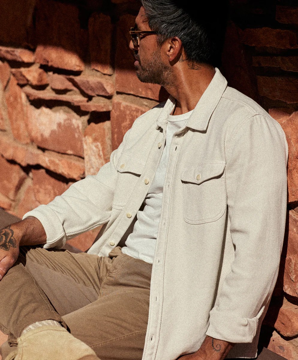 man wearing Outerknown Chroma Blanket Shirt