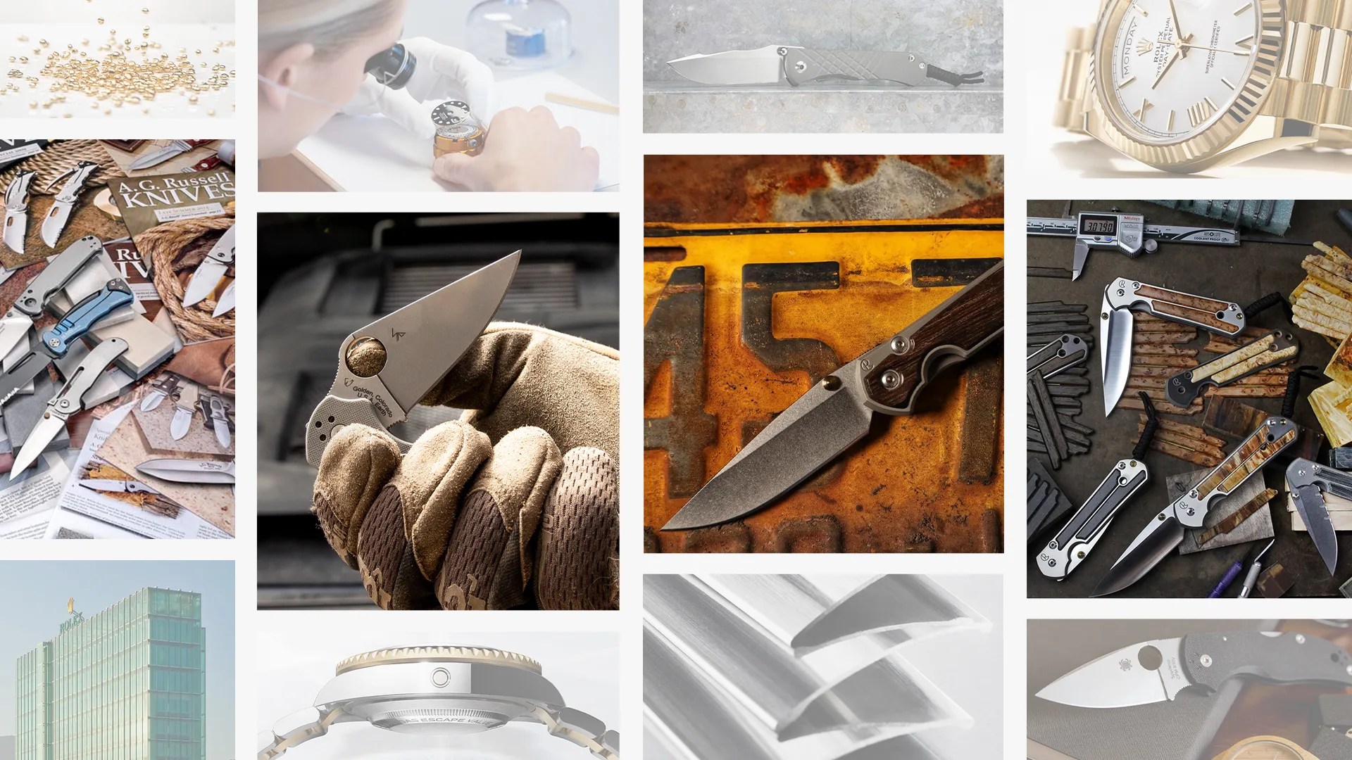 collage of image blocks showing knives and watches