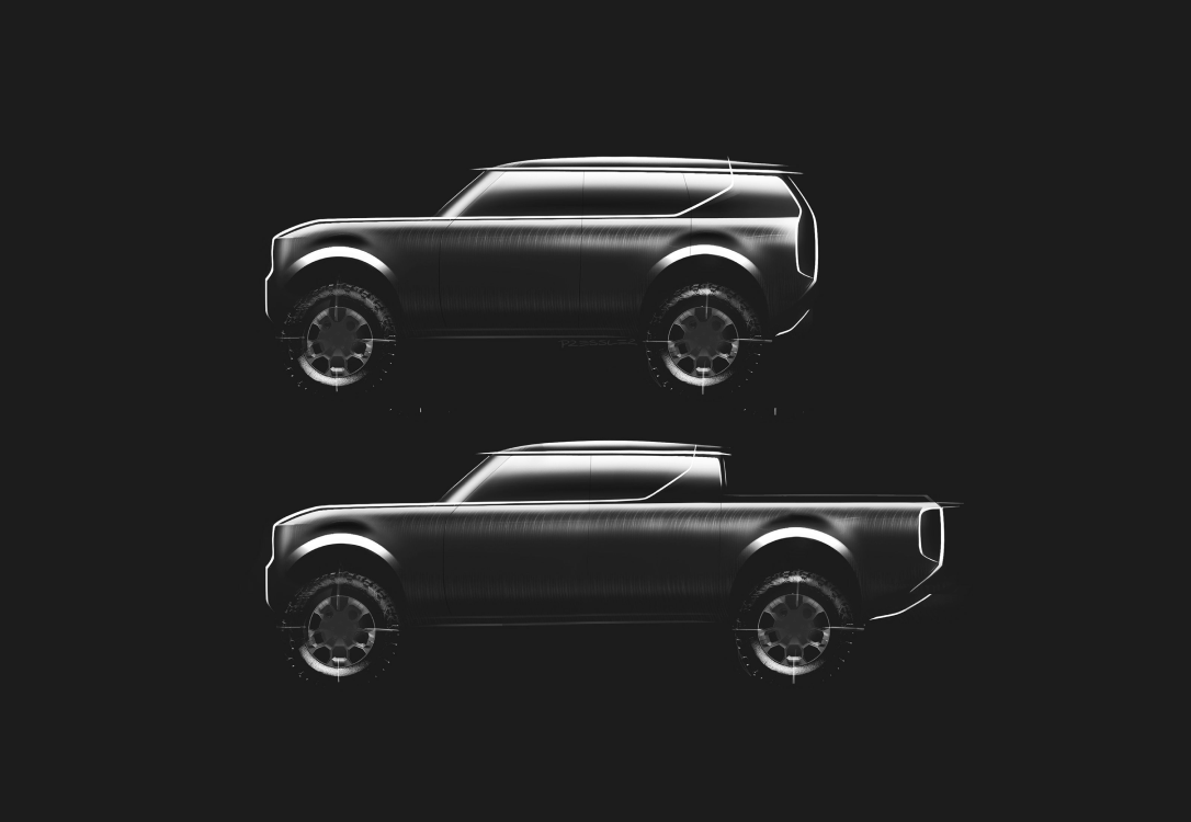 drawings of scout motors SUV and pickup truck