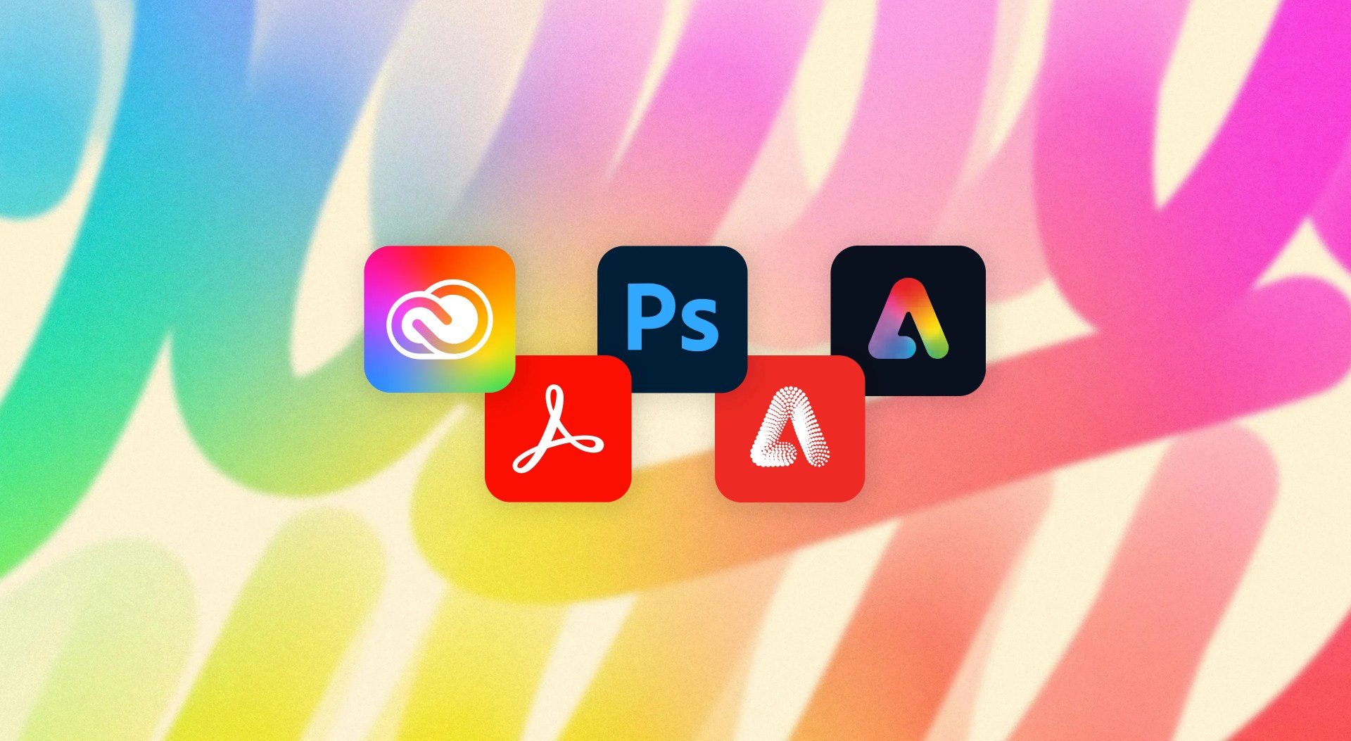 Adobe App logos. From left to right, top to bottom: creative cloud, photoshop, express, acrobat, firefly