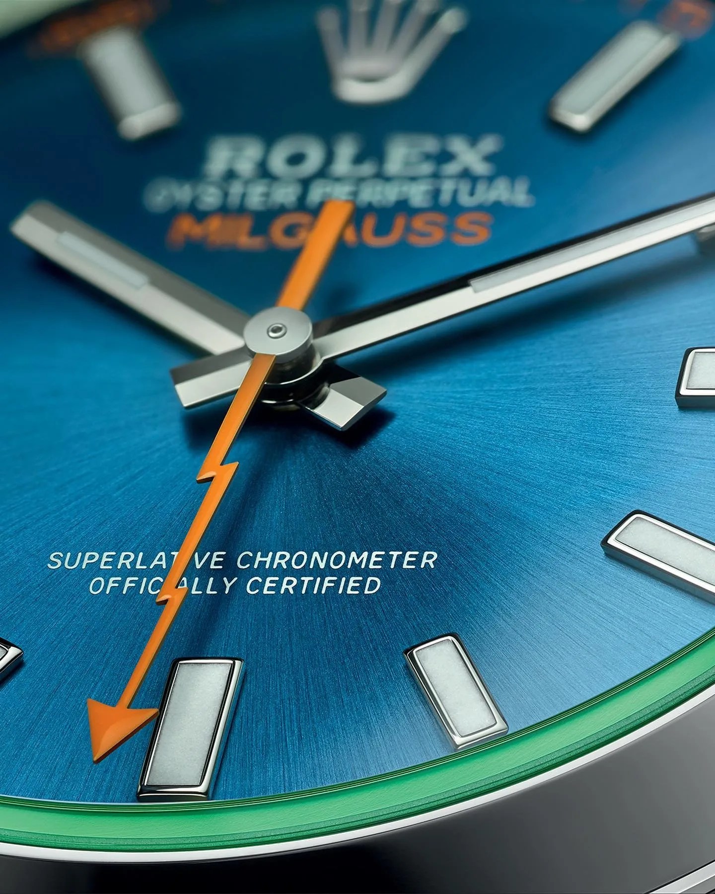 closeup of blue rolex watch dial