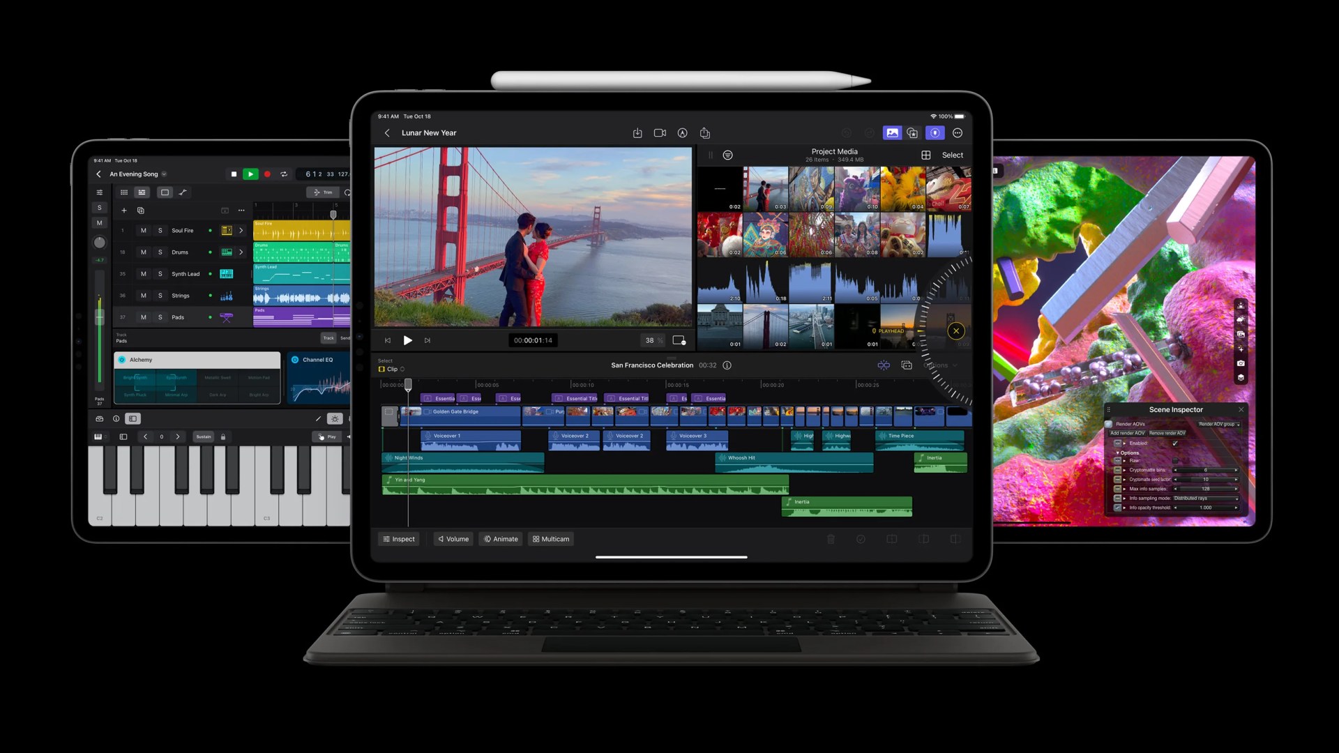 Three 6th generation Apple iPad Pros. One in front on a Magic Keyboard showing a video editing app. To are behind on the left and right side showing other apps.