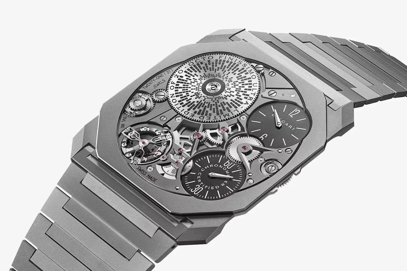 Bulgari Octo Finissmo Ultra COSC shown at angle from side on white