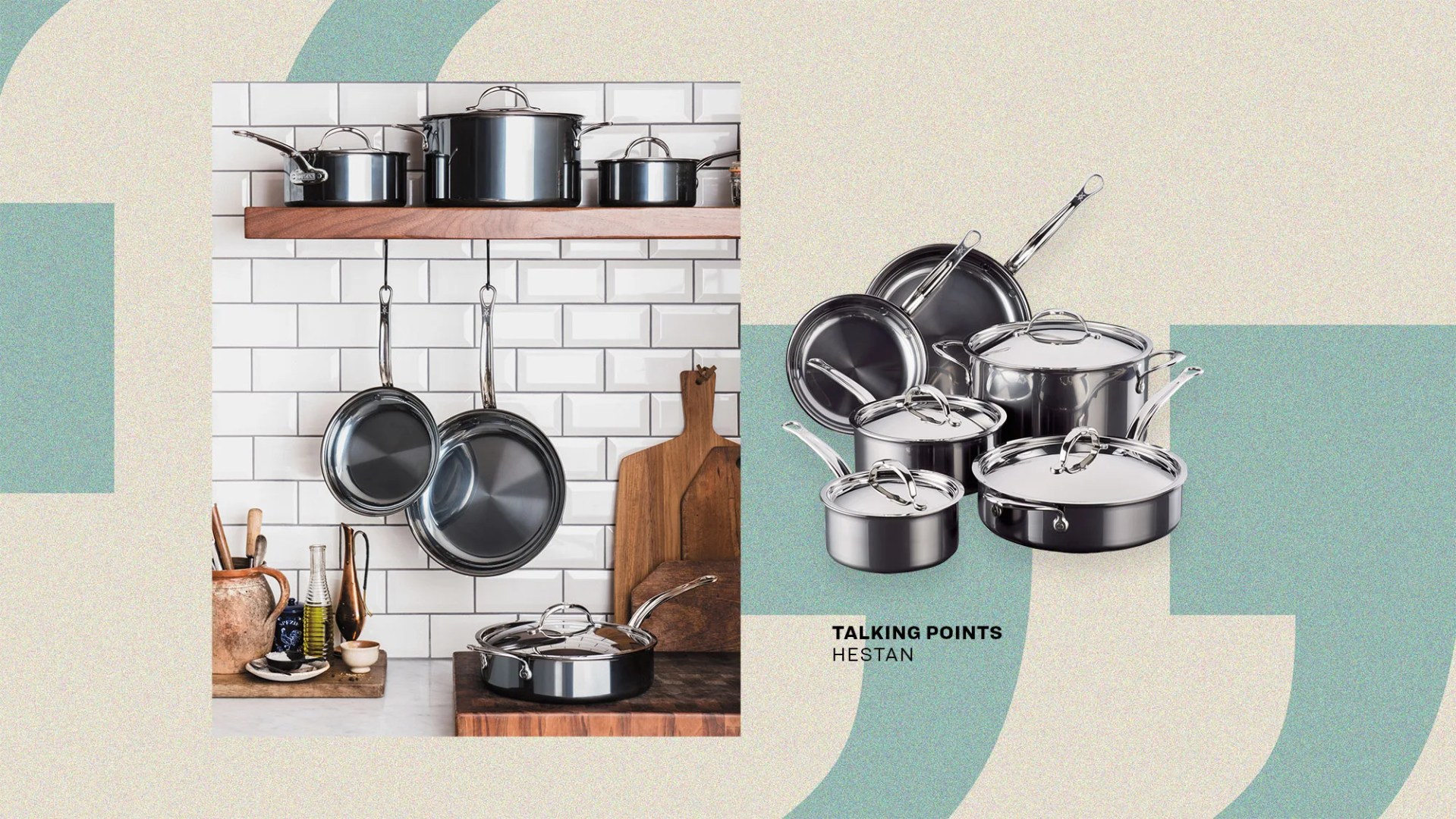 cooking pans on white kitchen wall with cutting boards and pots