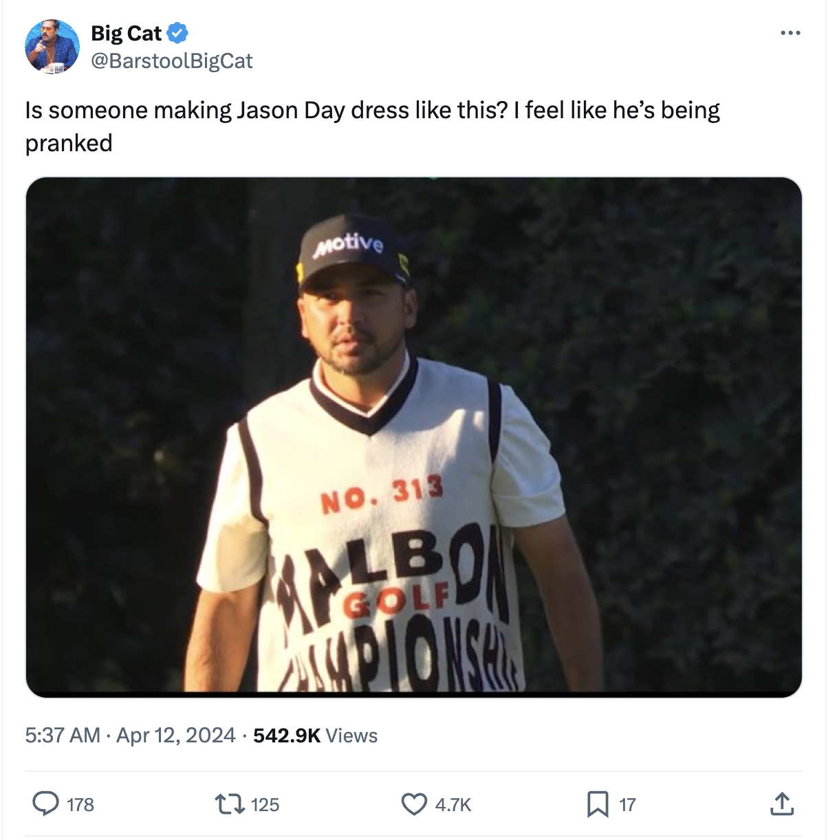 Screenshot of tweet from account BarstoolBigCat making a joke of Jason Day's controversial and heavily branded sweater vest at the 2024 Masters Tournament