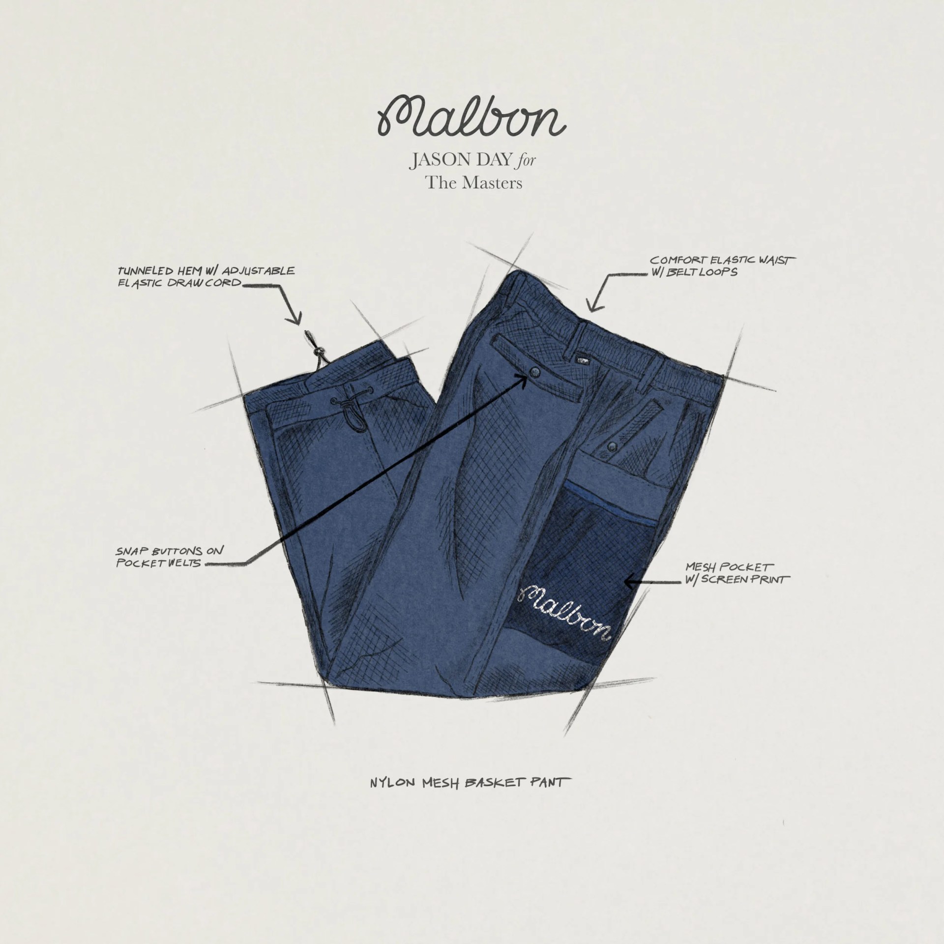 An illustration of the baggy fit Nylon Mesh Basket Pant from Malbon and worn by Jason Day during the 2024 Masters Tournament that generated plenty of comments and memes from fans.