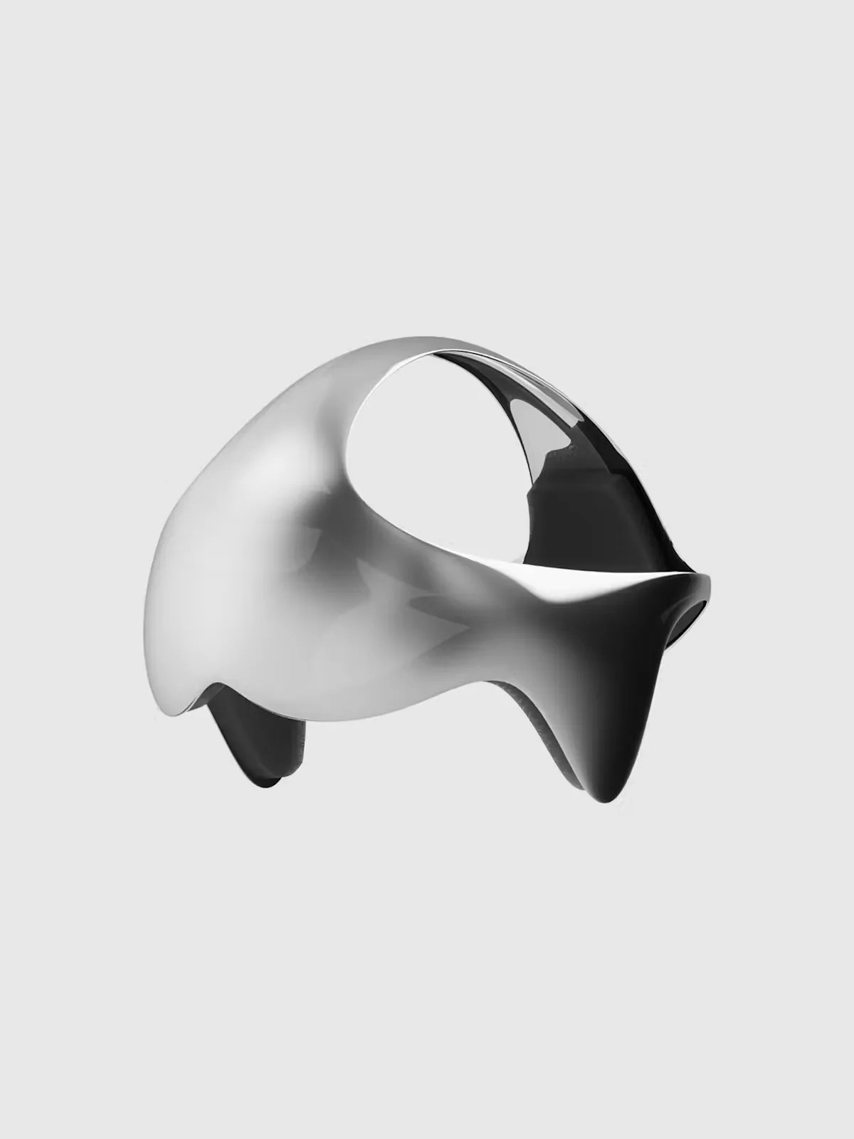 Futuristic looking headset made of metal from the Netflix TV series The 3 Body Problem on white background.