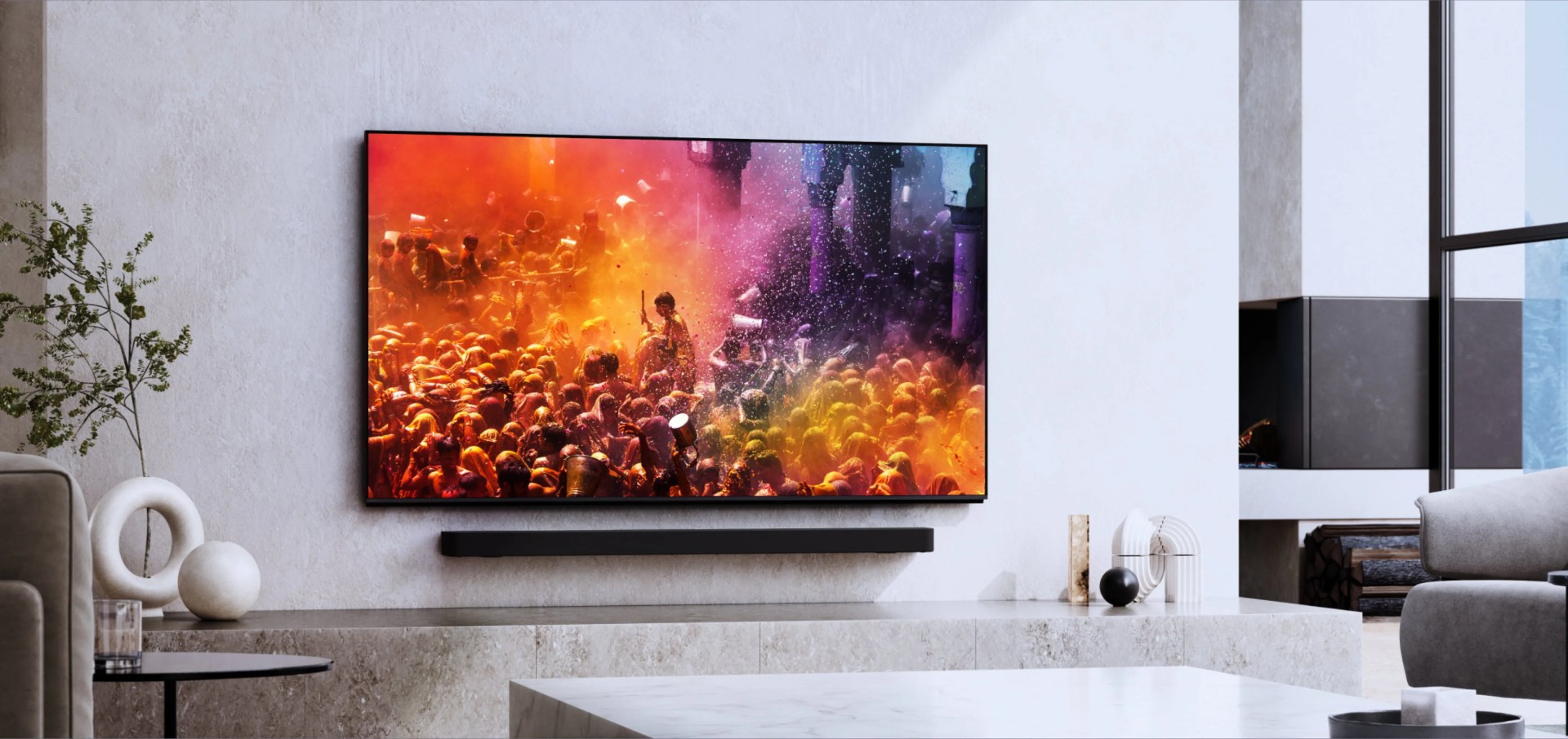 Sony Bravia 9 Micro LED Tv mounted on wall showing bright colors with a soundbar mounted below.